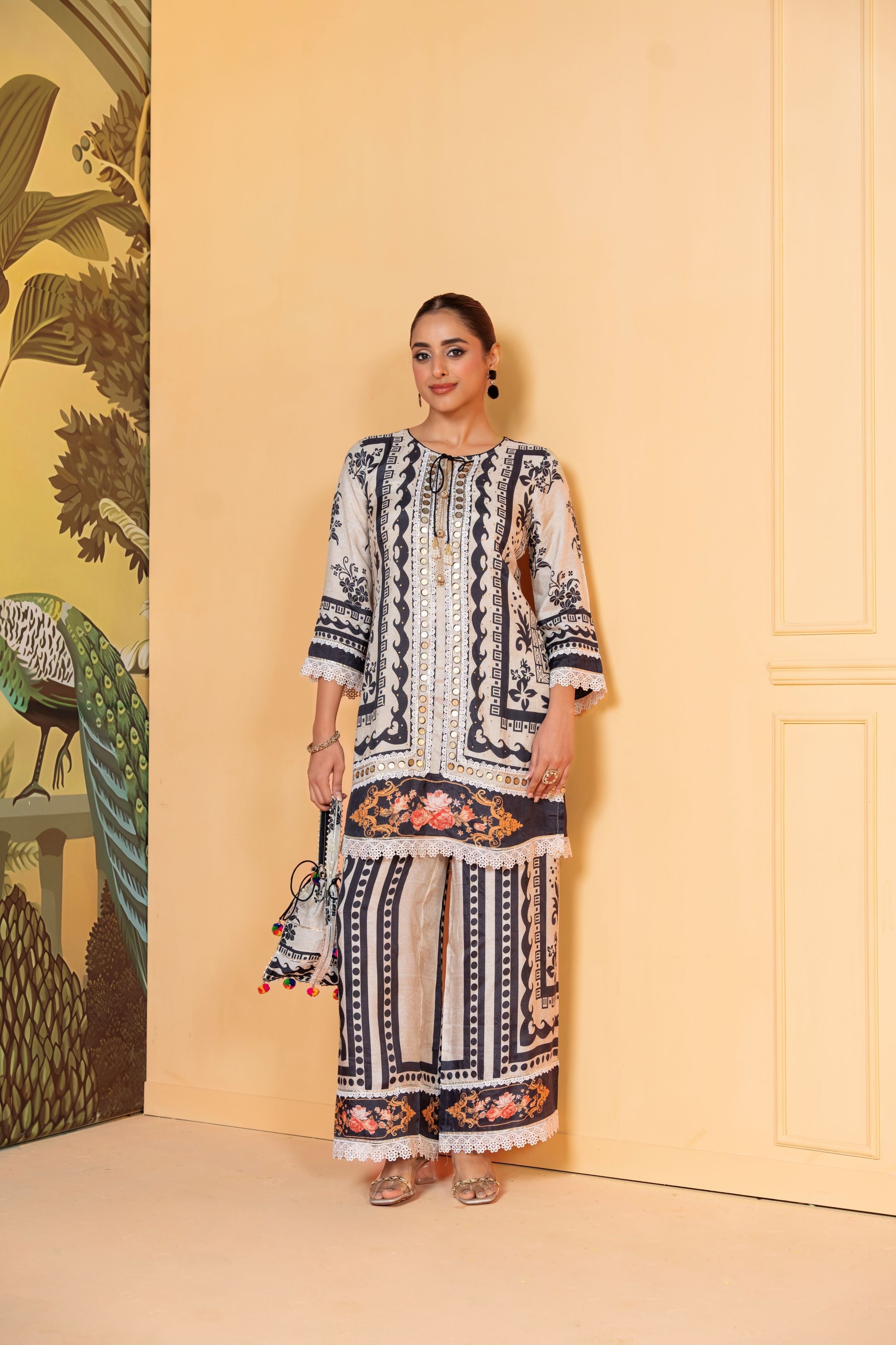 Black And White Printed Muslin Silk Co-Ord Set