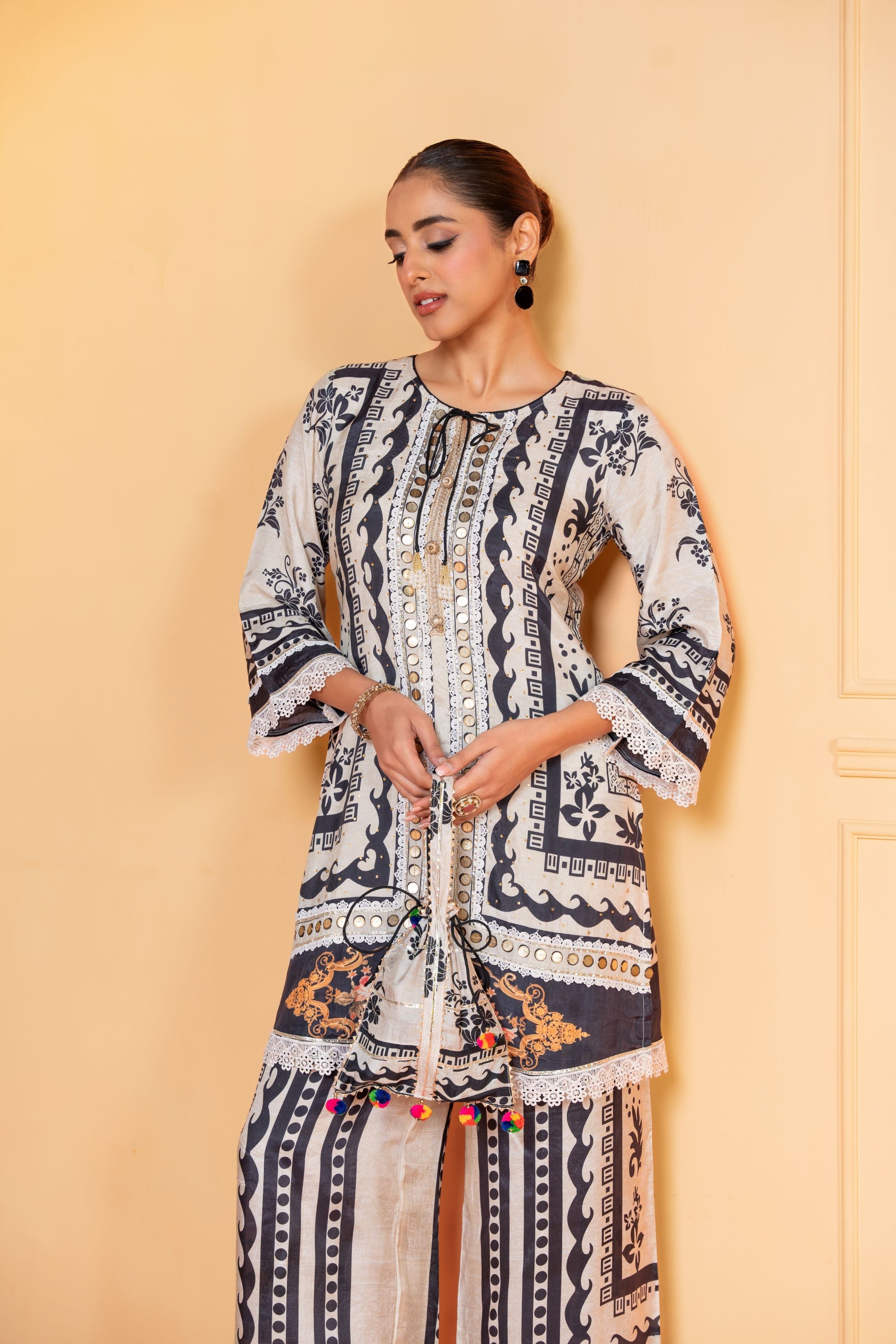Black And White Printed Muslin Silk Co-Ord Set