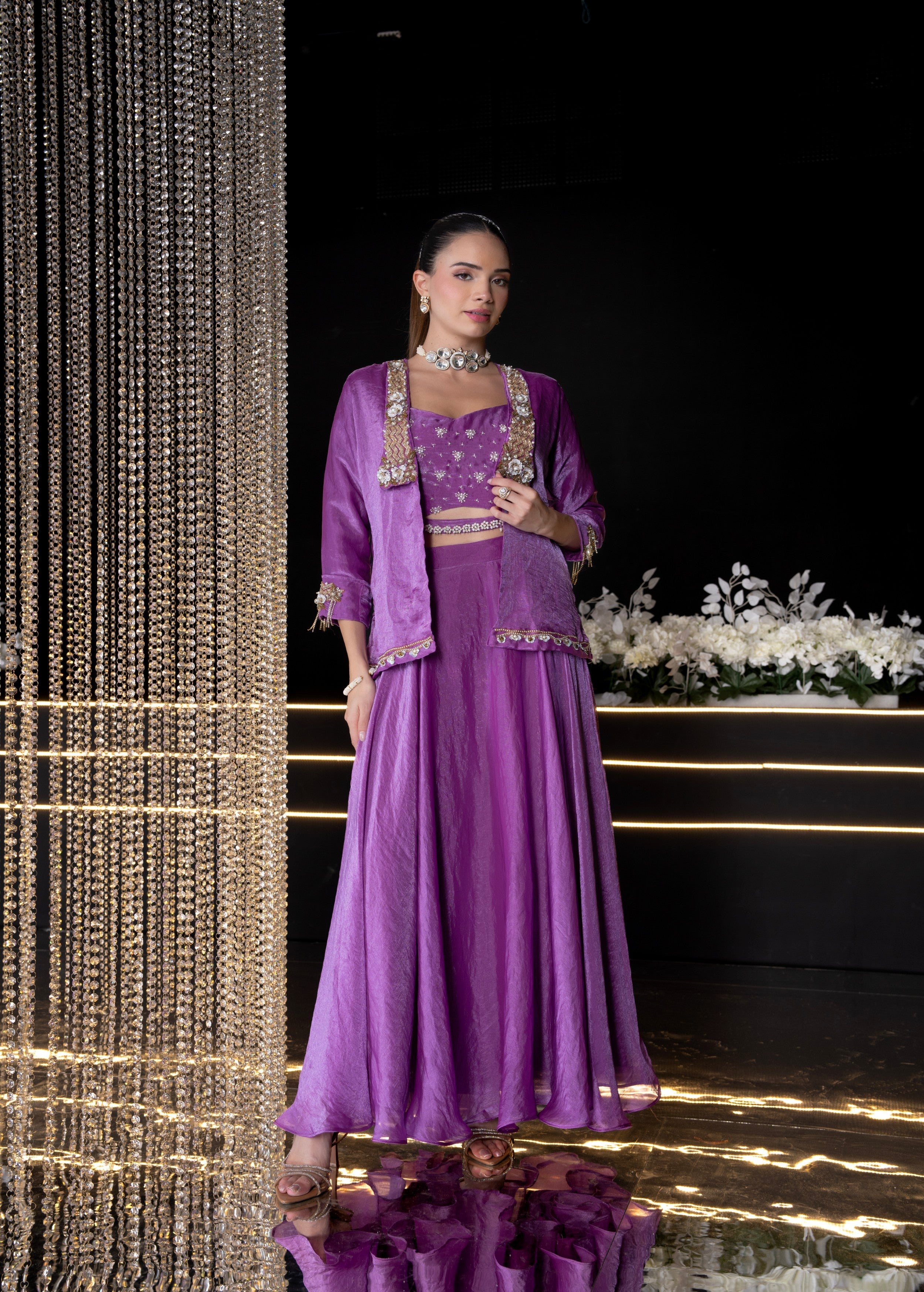 Mauve Embellished Shimmer Silk Jacket Set