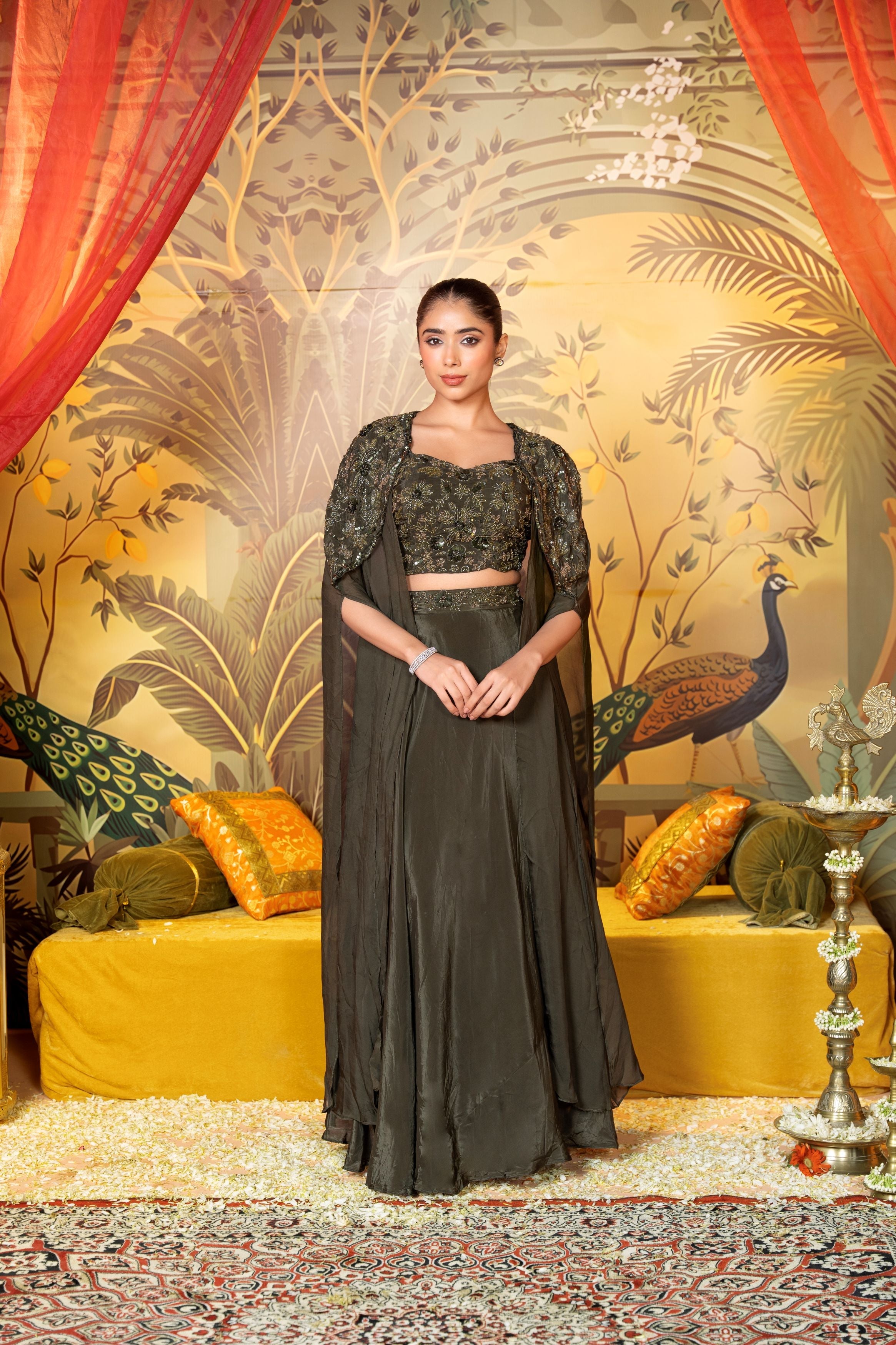 Olive Aura – Hand worked Indo-Western Cape Set