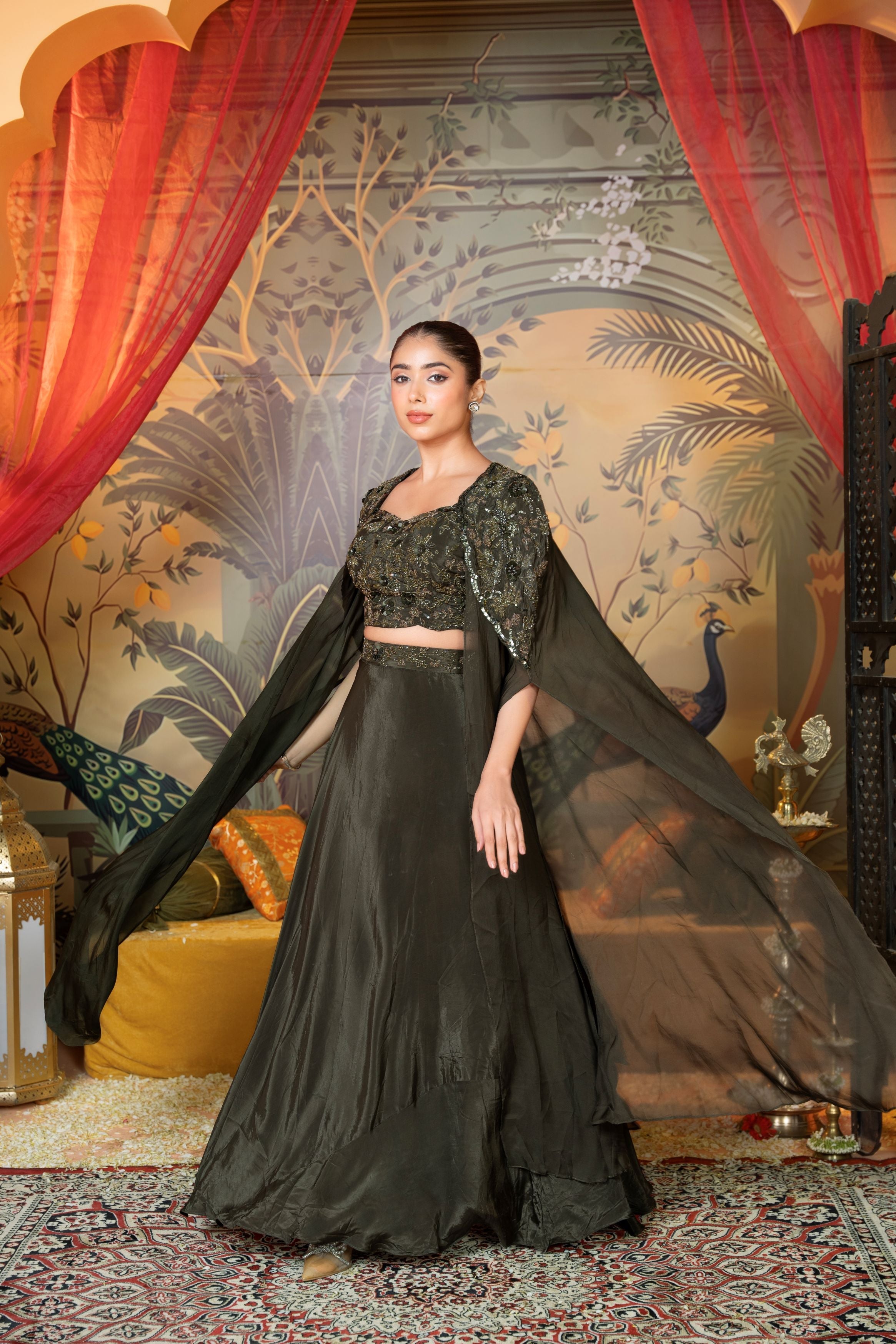 Olive Aura – Hand worked Indo-Western Cape Set