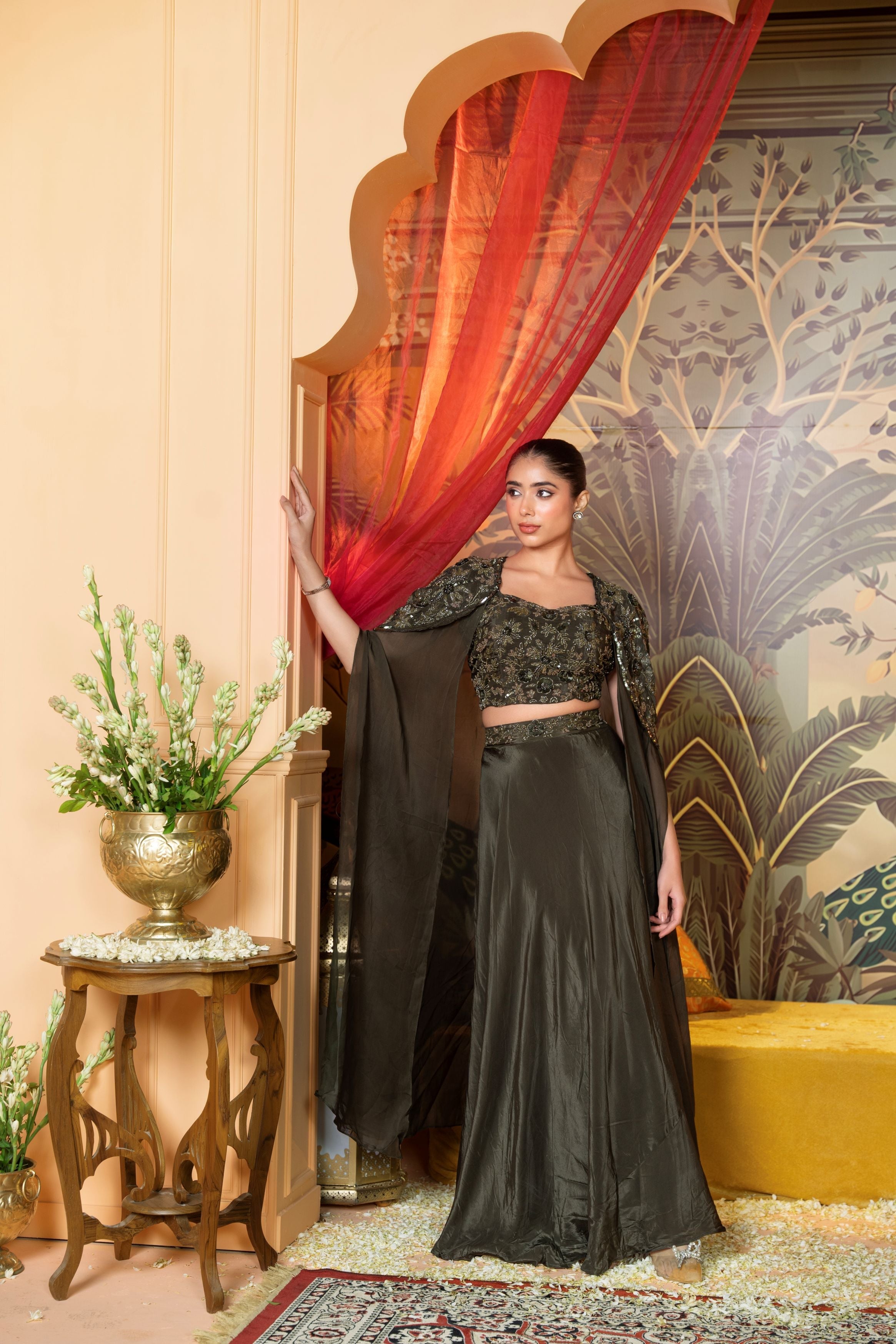 Olive Aura – Hand worked Indo-Western Cape Set