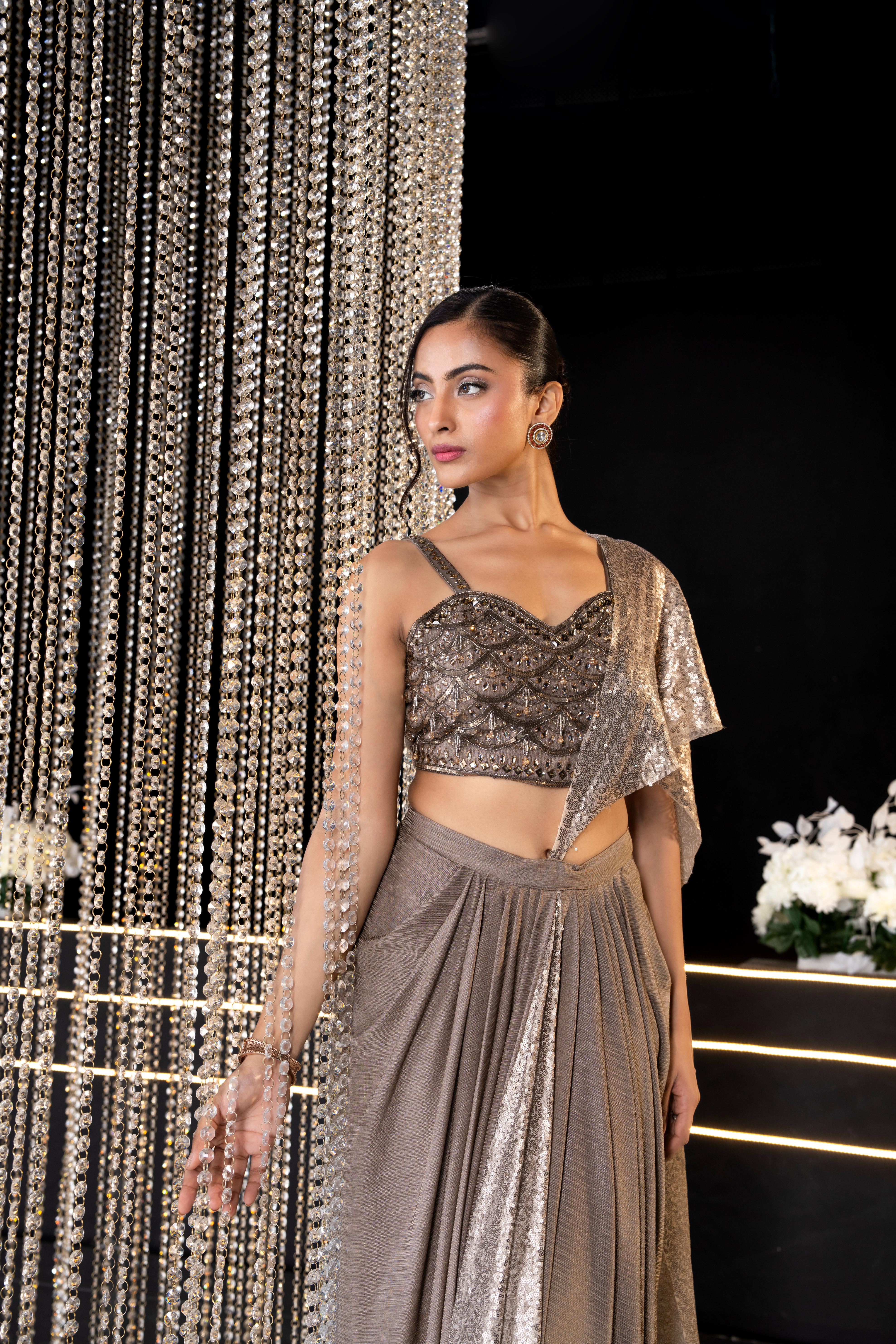 Antique Brown Embellished Imported Fabric Pre-Draped Saree