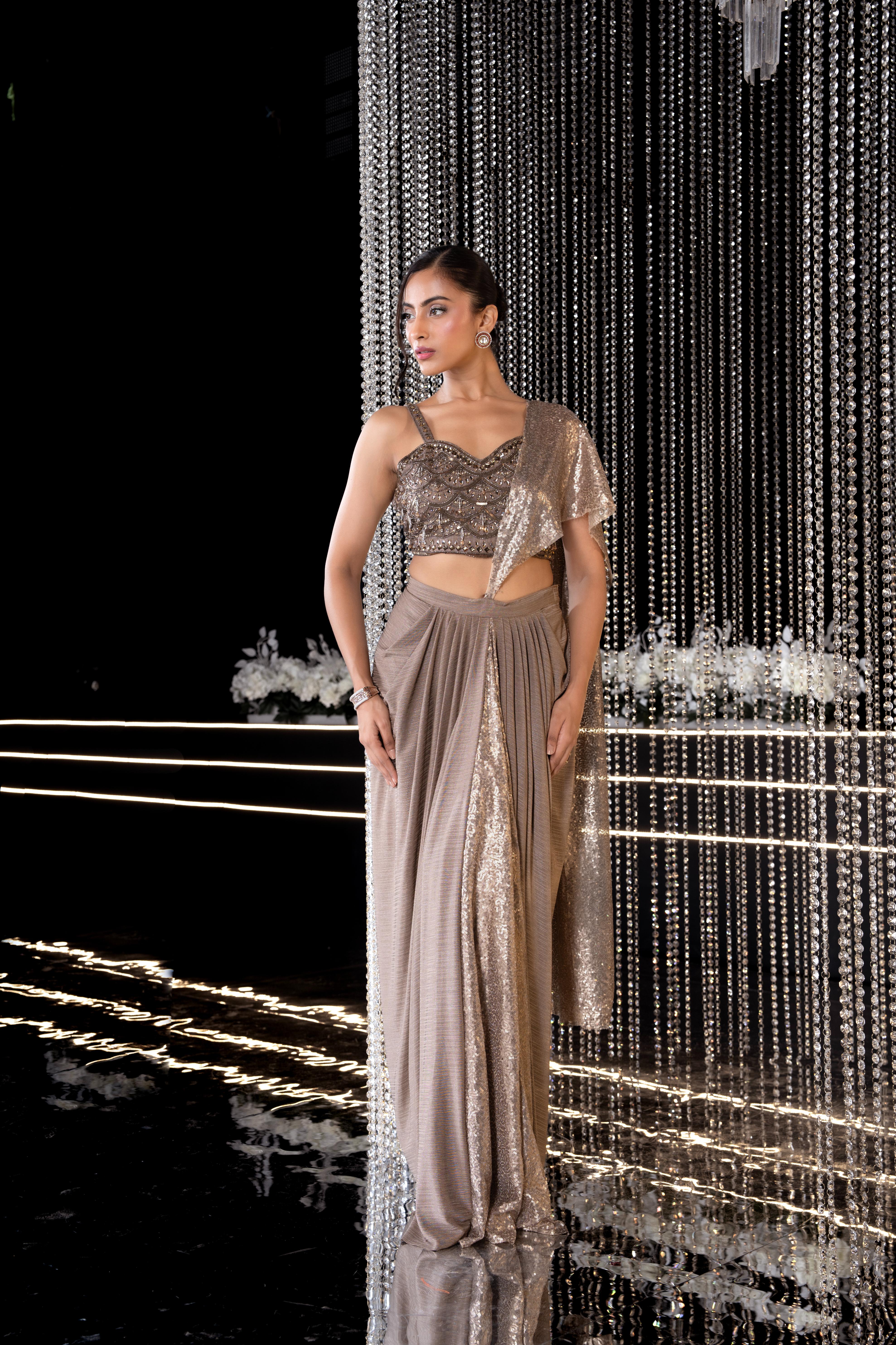 Antique Brown Embellished Imported Fabric Pre-Draped Saree