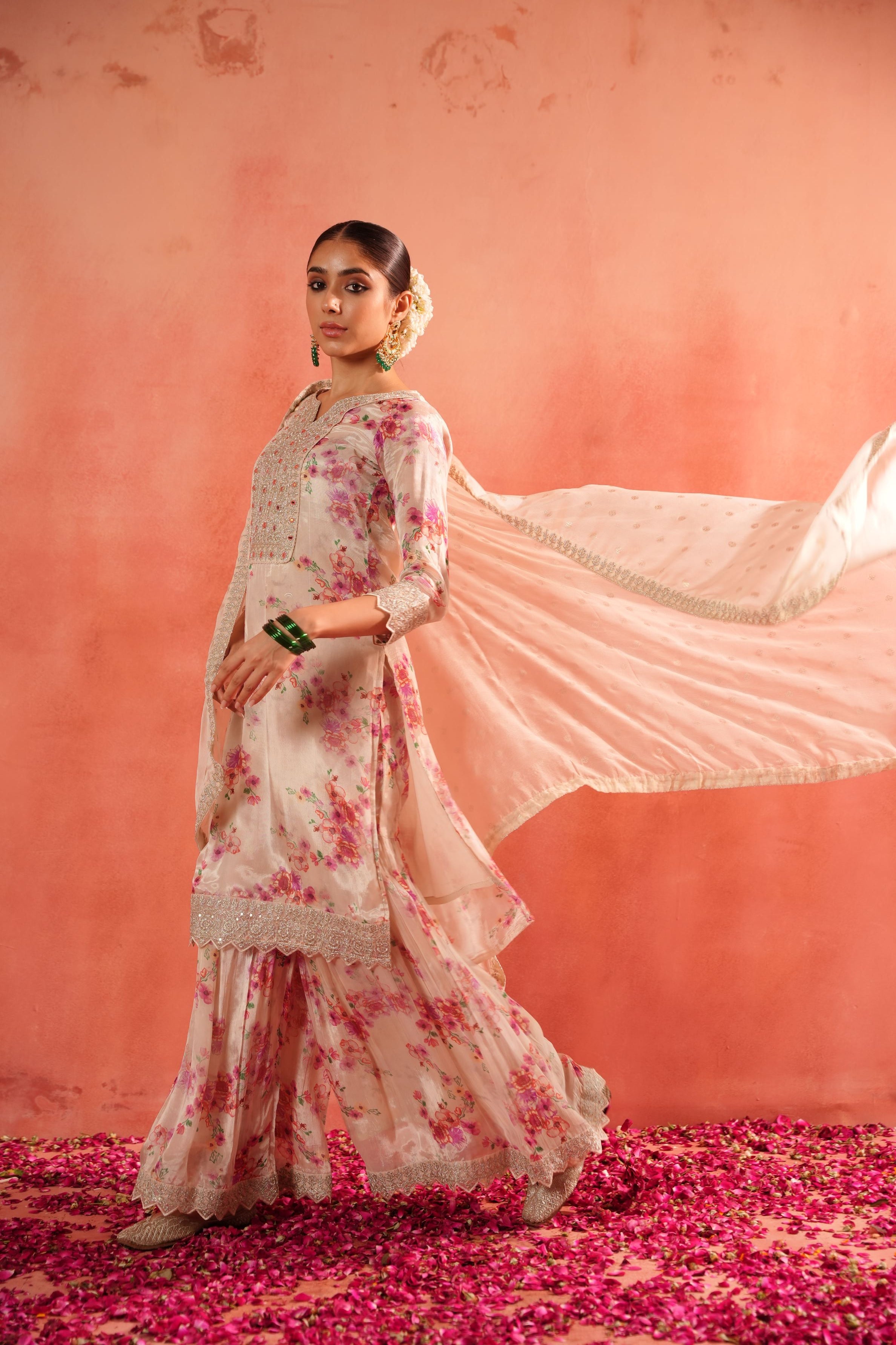 Champagne Gold Floral Printed Italian Tissue Silk Sharara Set