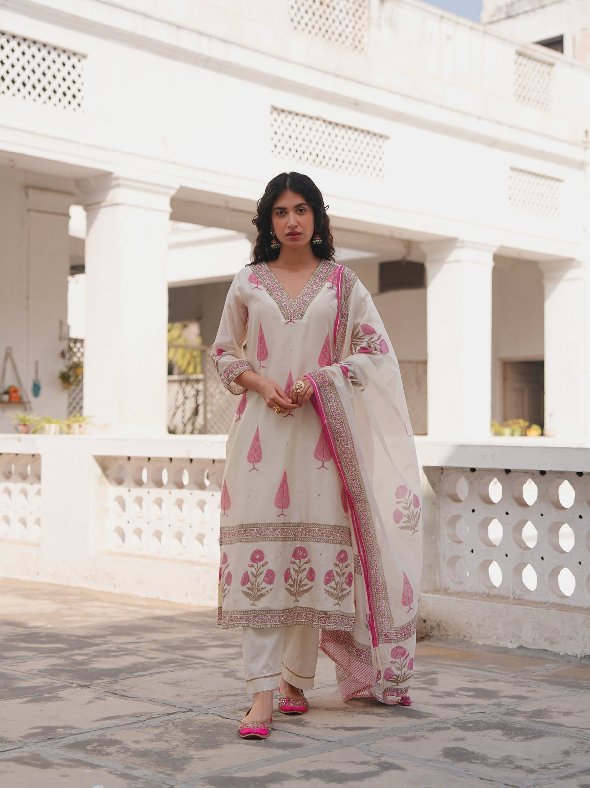 Pink Printed Chanderi Silk Pant Set