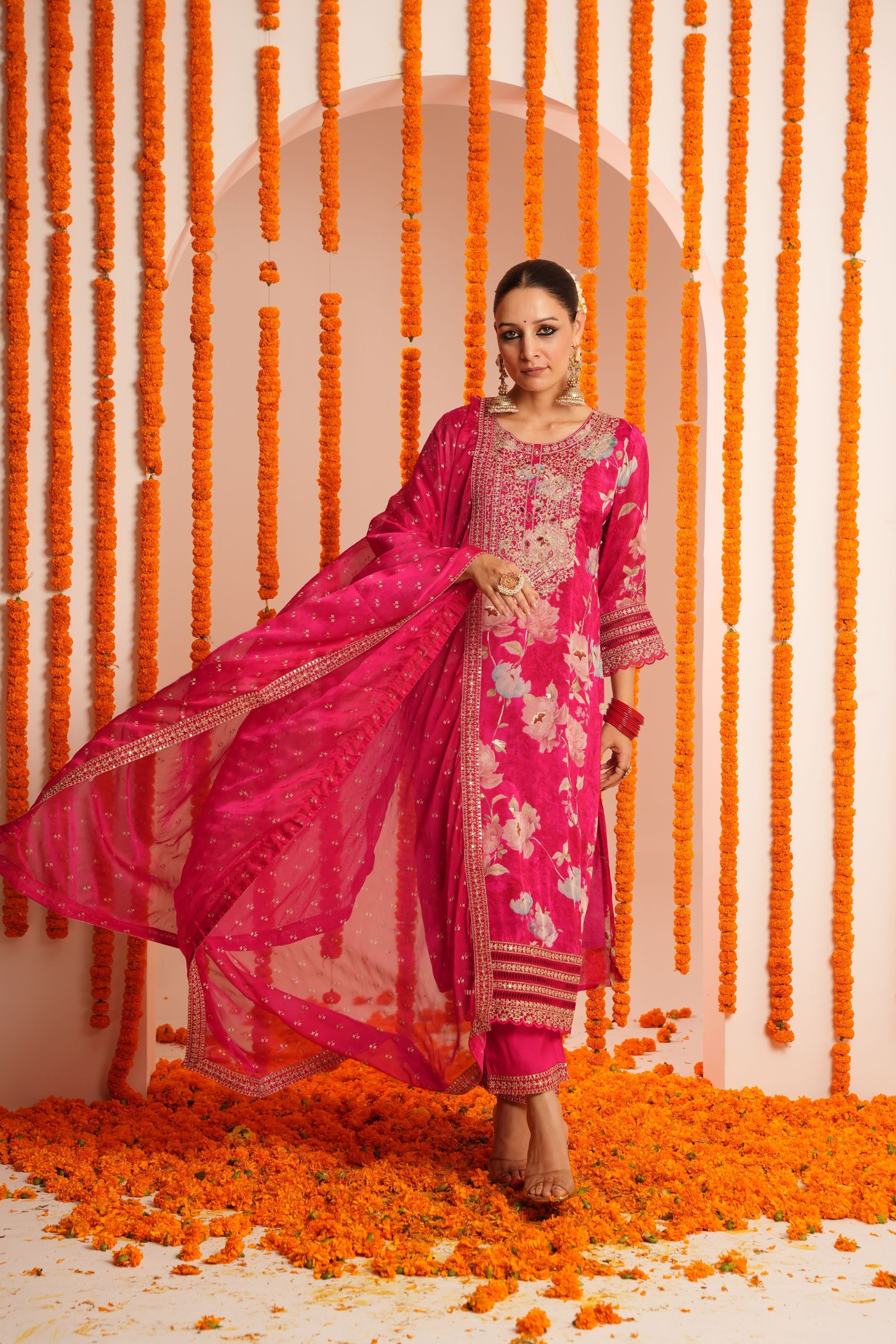 Pink Floral Printed Chinon Silk Pants Set