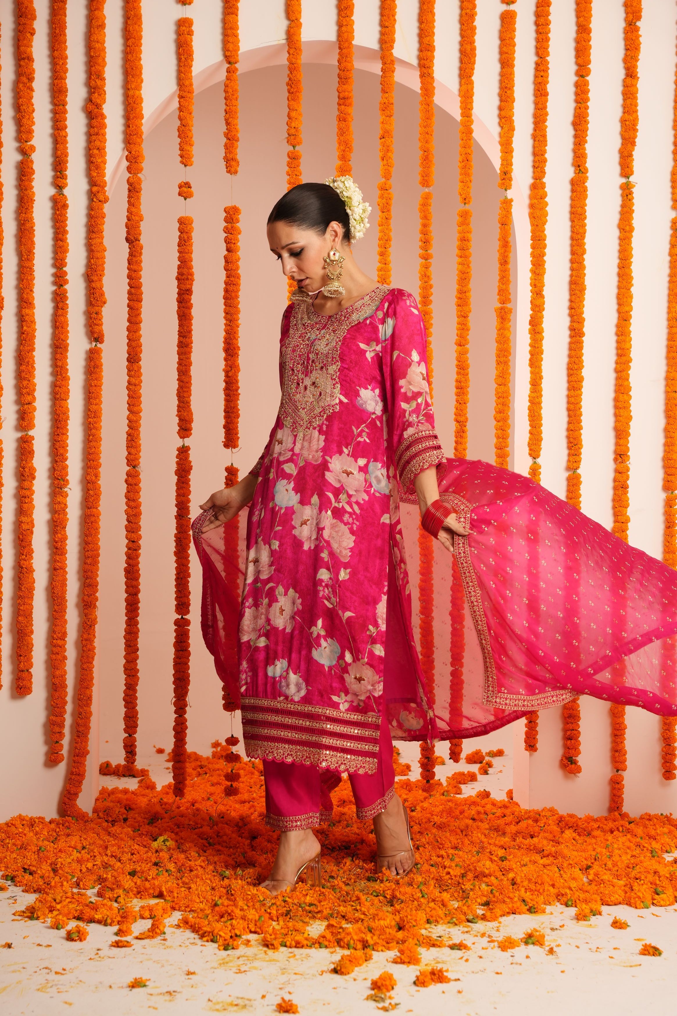 Pink Floral Printed Chinon Silk Pants Set