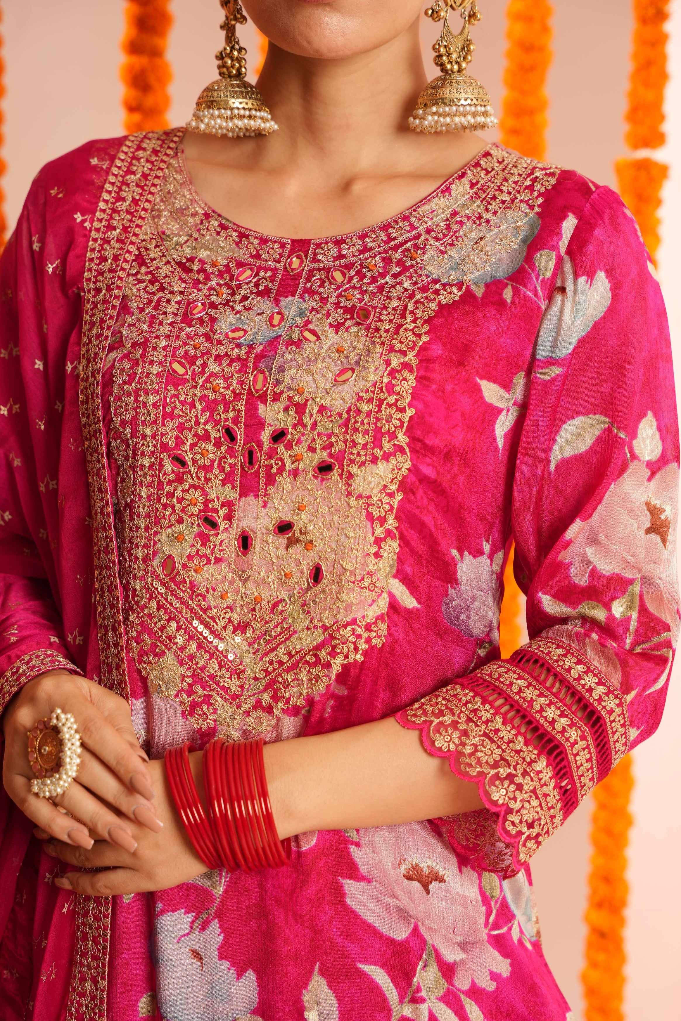 Pink Floral Printed Chinon Silk Pants Set