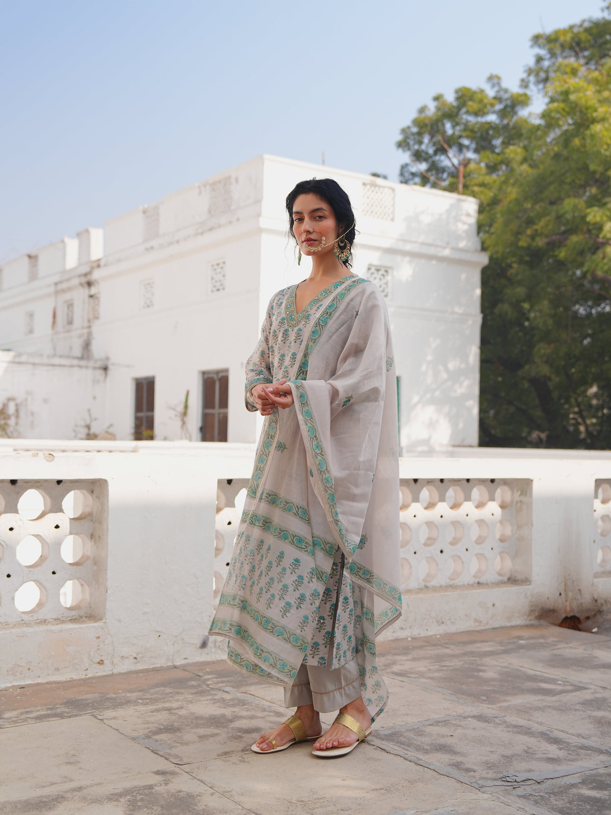 Pearl Grey Printed Chanderi Silk Pant Set