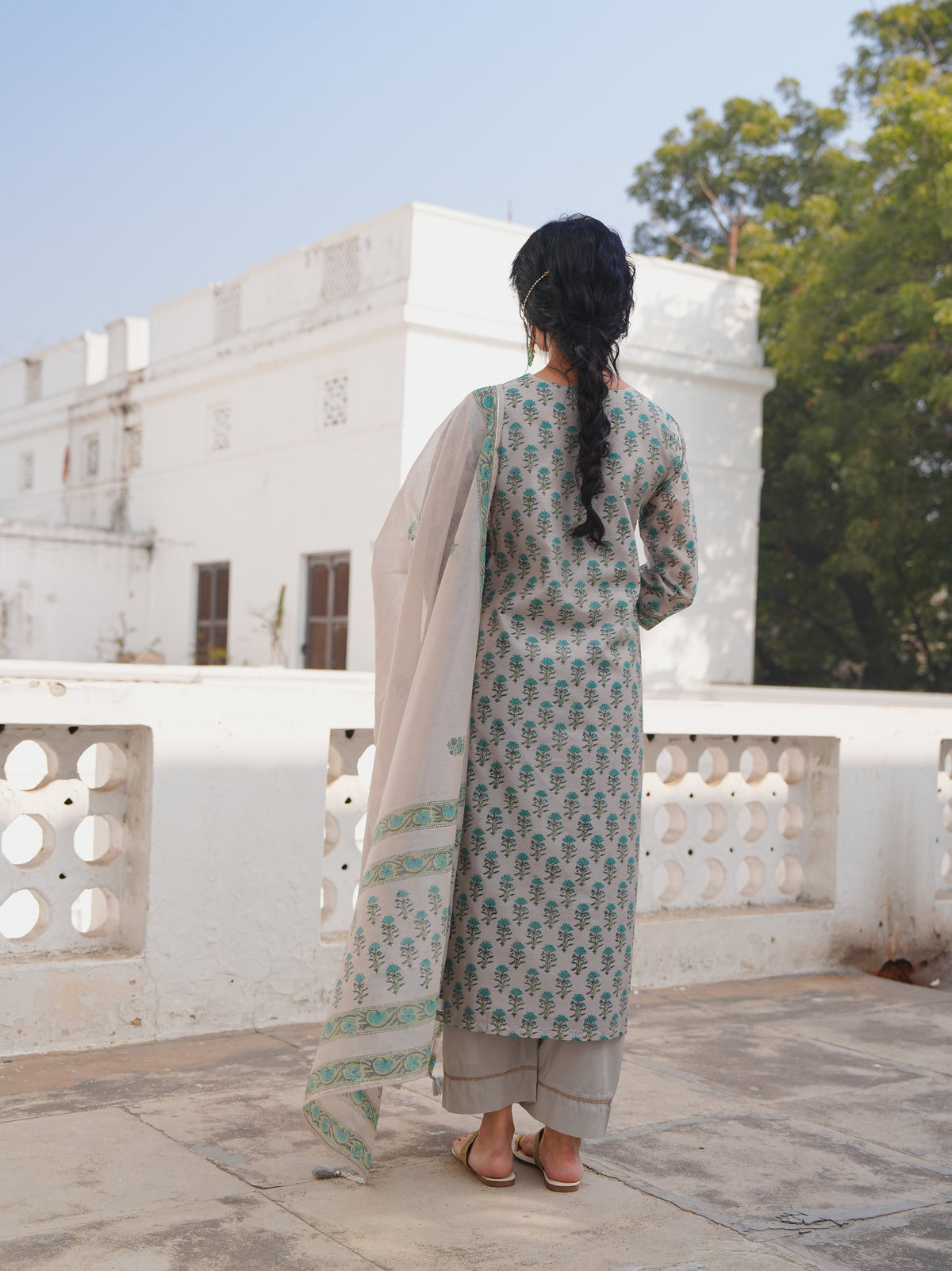 Pearl Grey Printed Chanderi Silk Pant Set