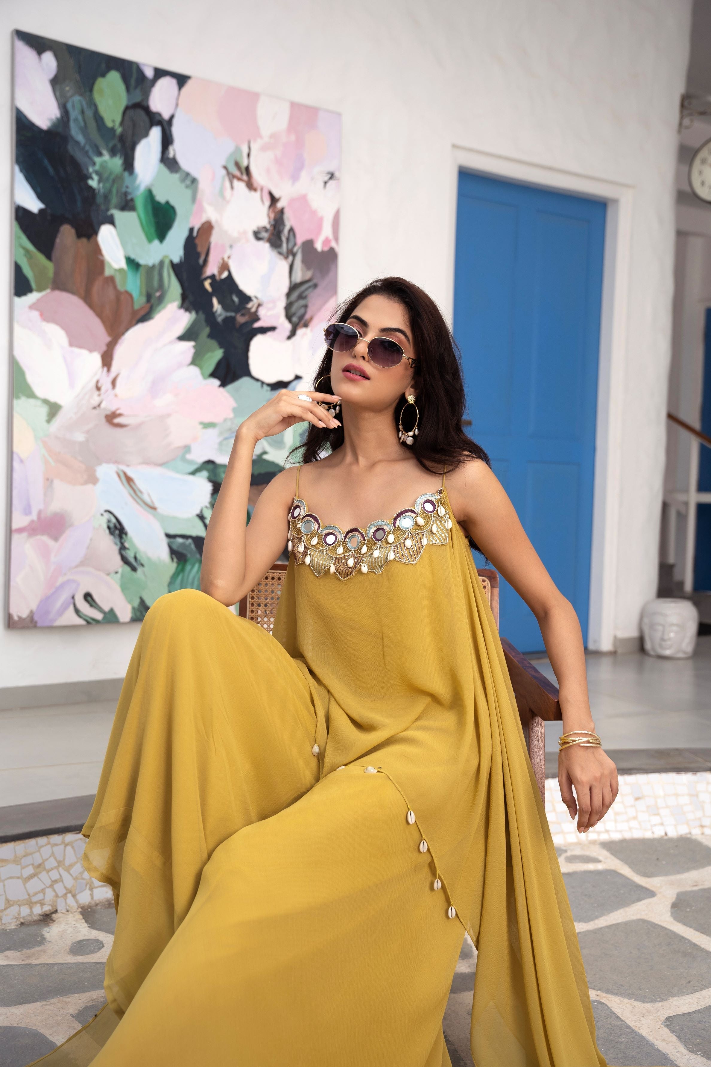 Corn Yellow Mirror Embroidered Georgette Silk Co-Ord Set