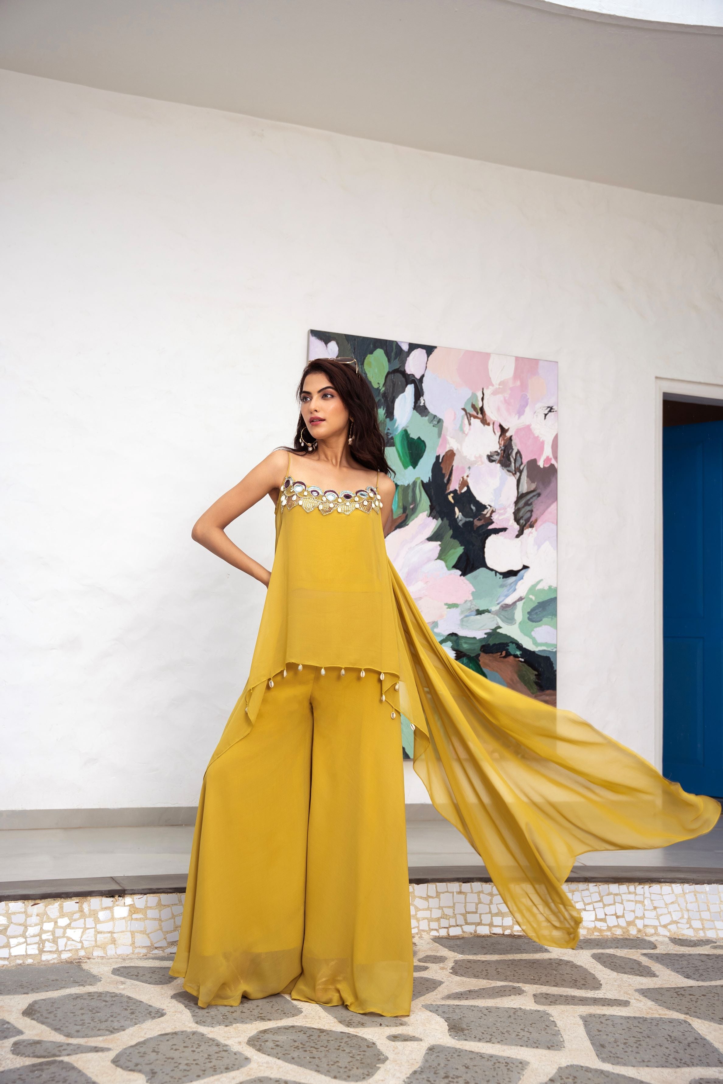 Corn Yellow Mirror Embroidered Georgette Silk Co-Ord Set