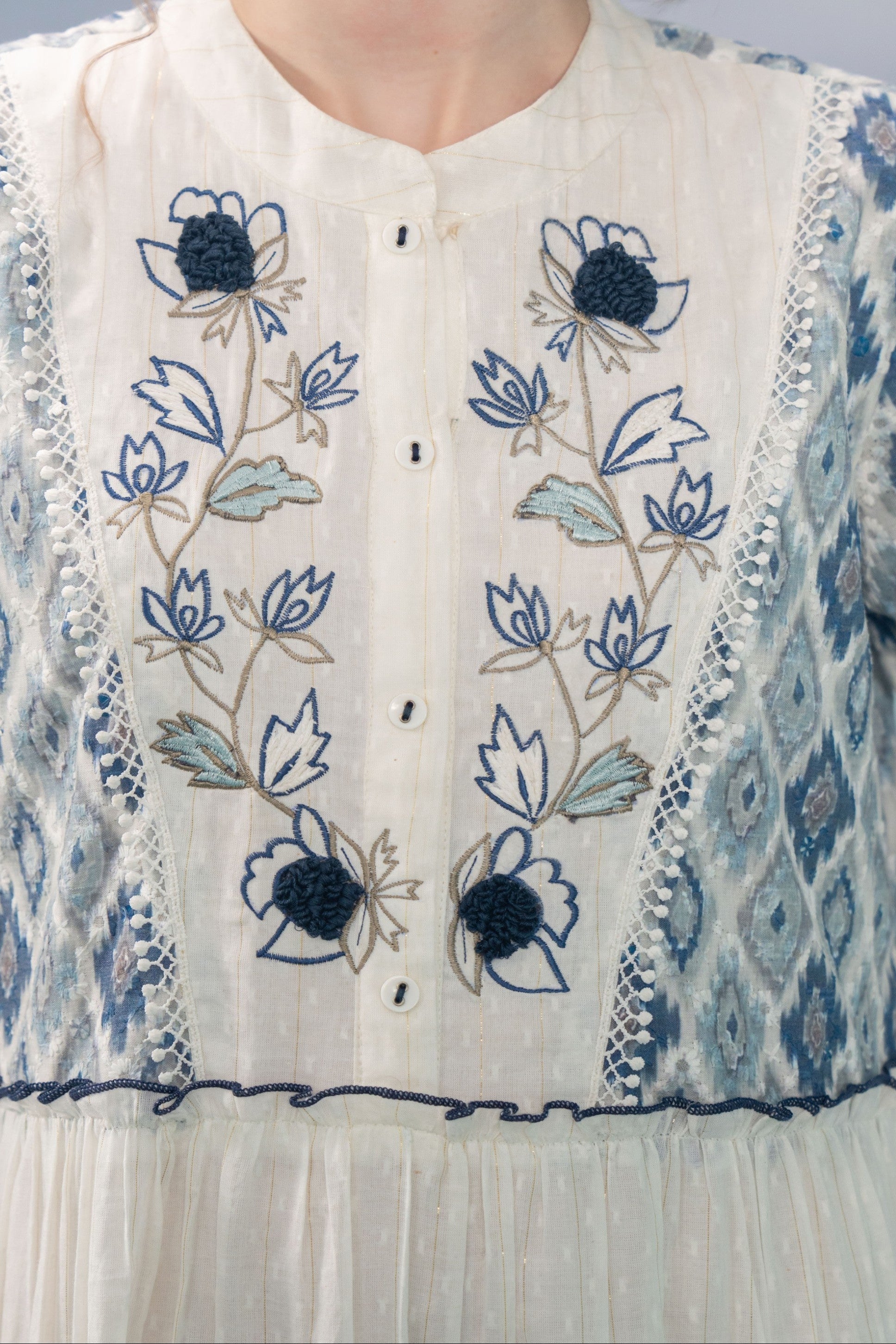 Dusty Blue & White Embroidered Cotton Dress