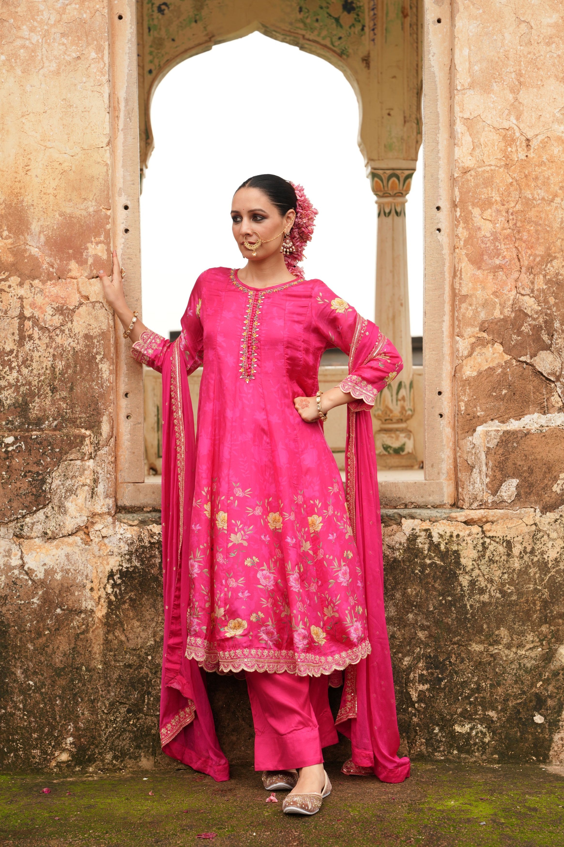 Rich Pink Embellished Soft Premium Silk Anarkali Set