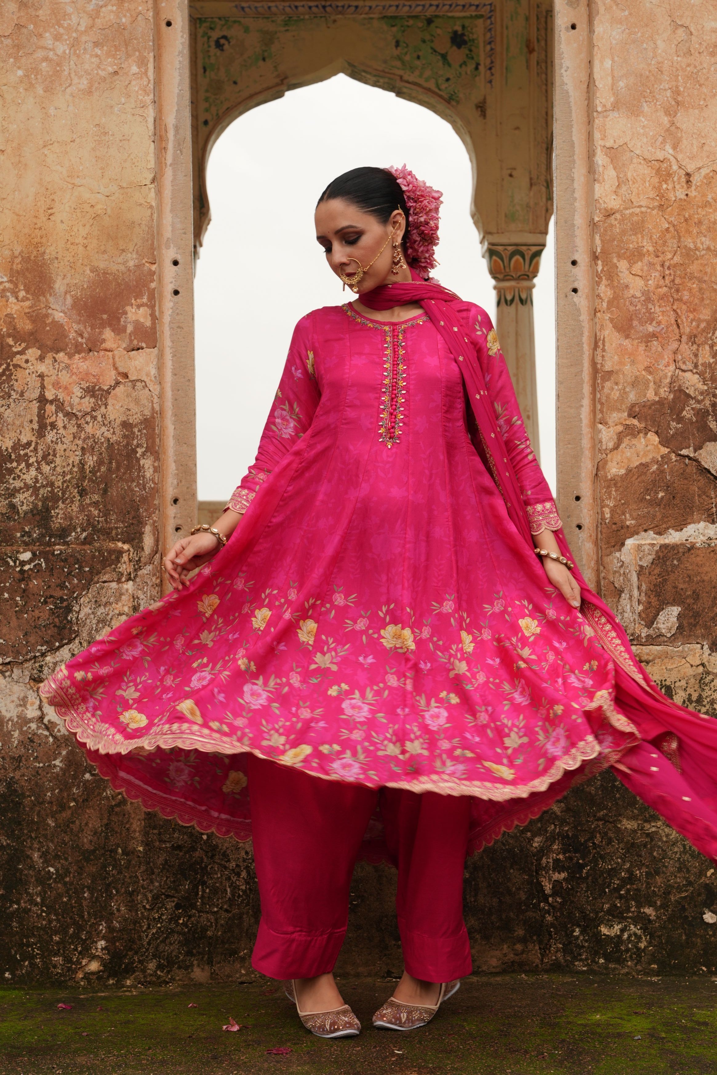 Rich Pink Embellished Soft Premium Silk Anarkali Set
