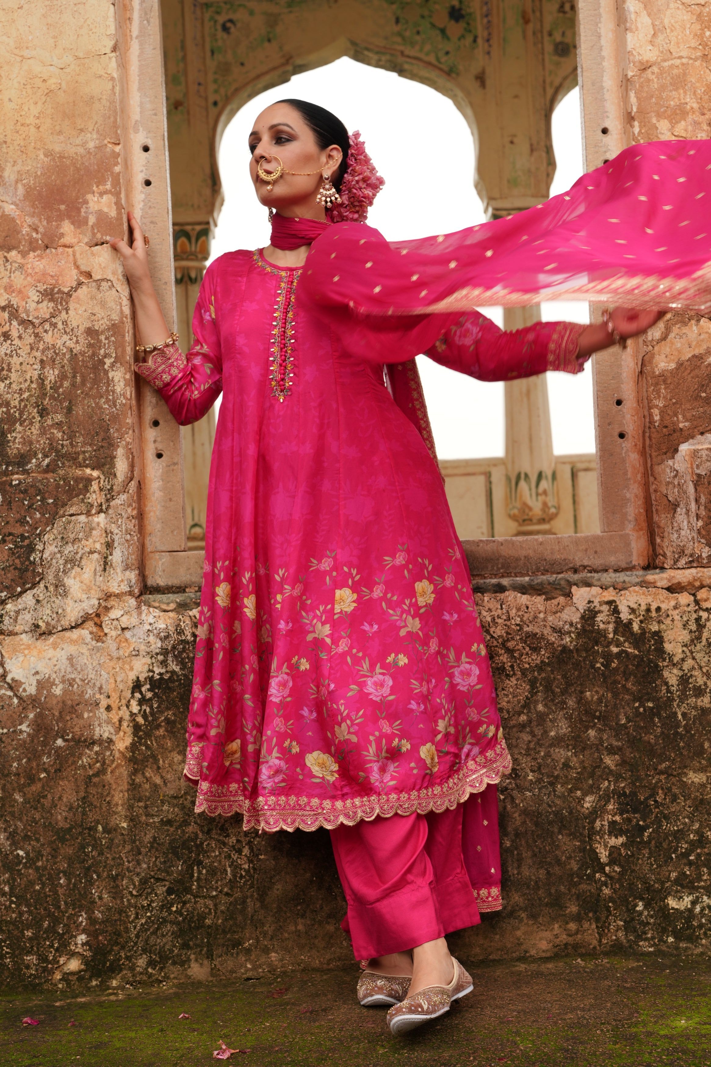 Rich Pink Embellished Soft Premium Silk Anarkali Set