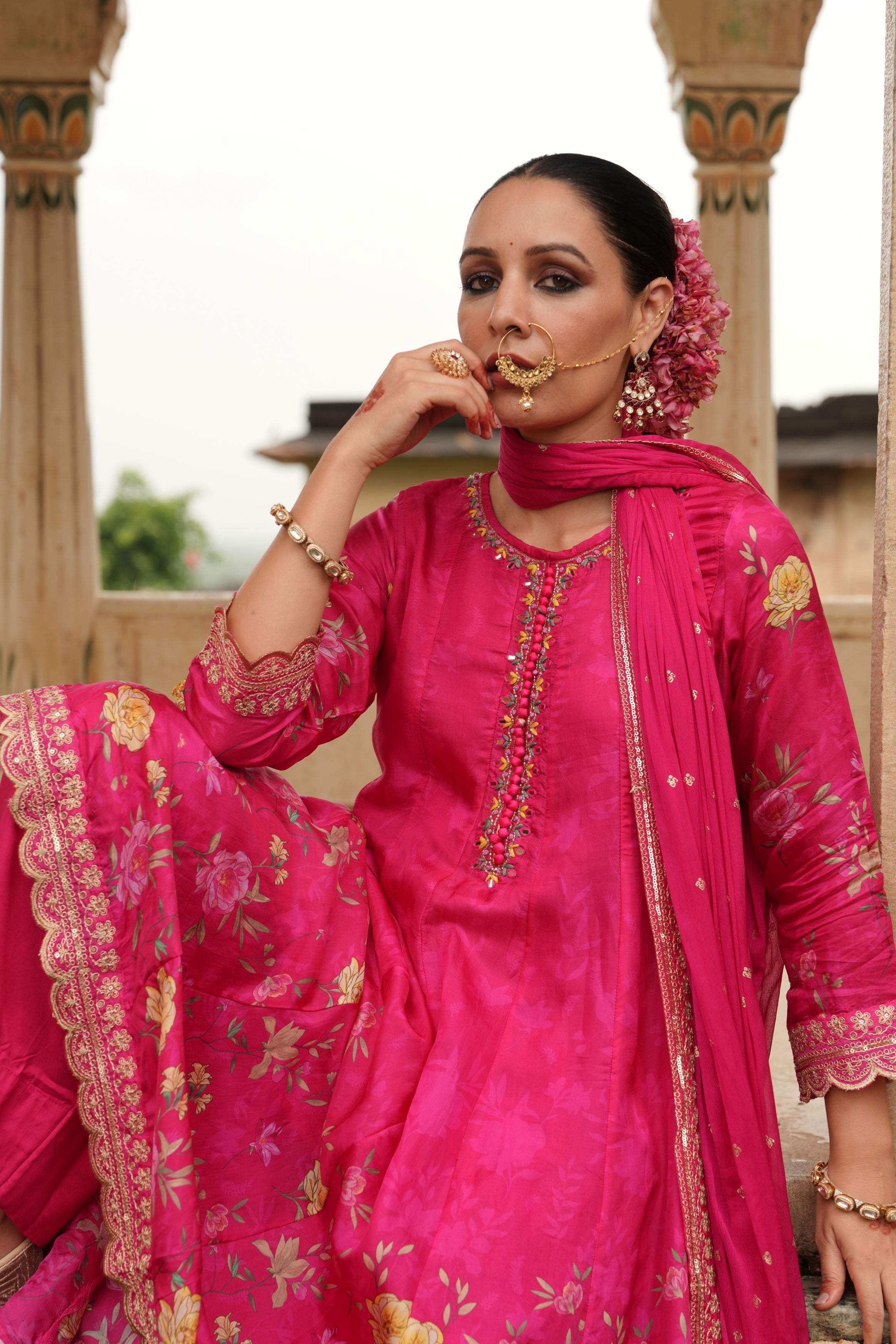 Rich Pink Embellished Soft Premium Silk Anarkali Set