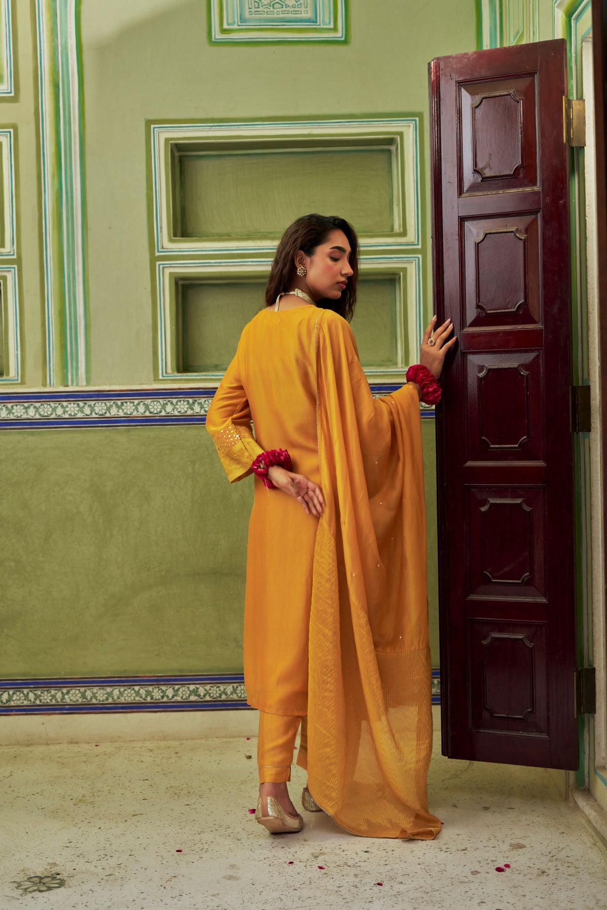 Mustard Yellow Embellished Tabby Silk Pant Set