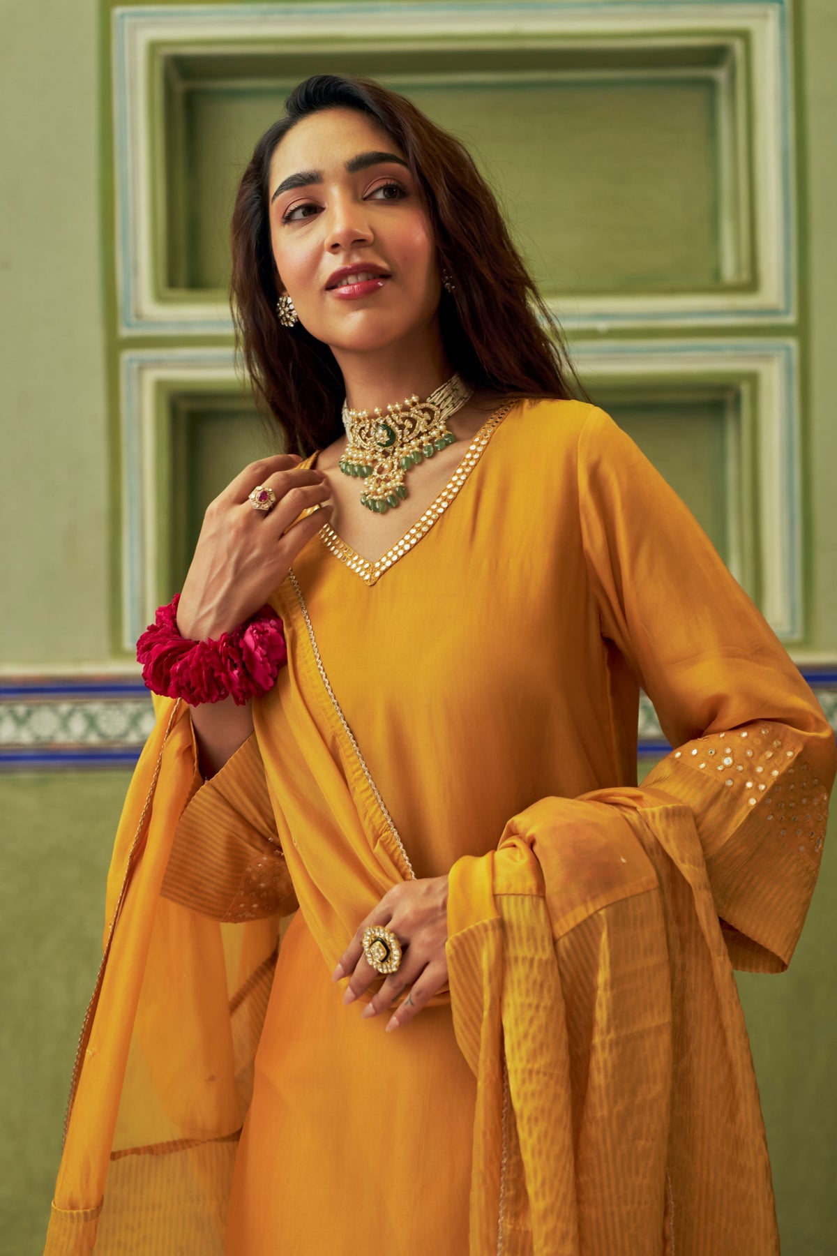 Mustard Yellow Embellished Tabby Silk Pant Set