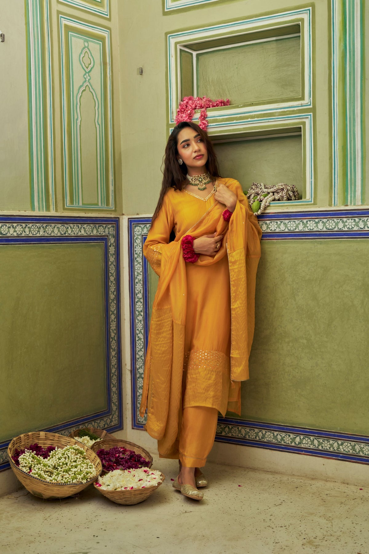 Mustard Yellow Embellished Tabby Silk Pant Set