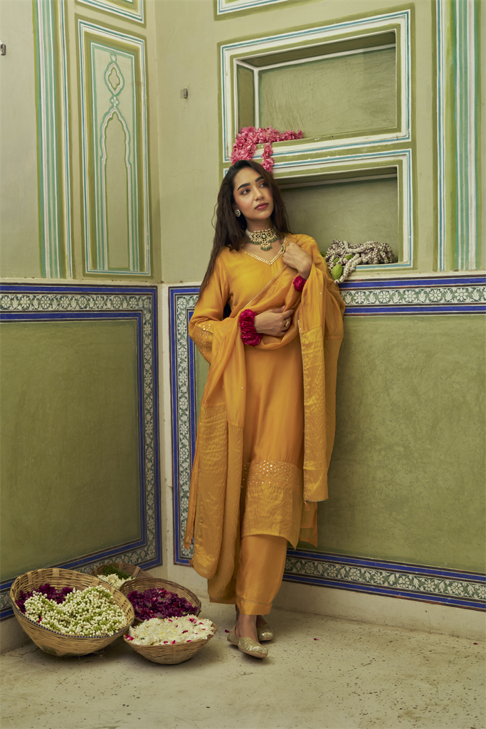 Mustard Embellished Pure Tabby Silk A-Line Kurta Set