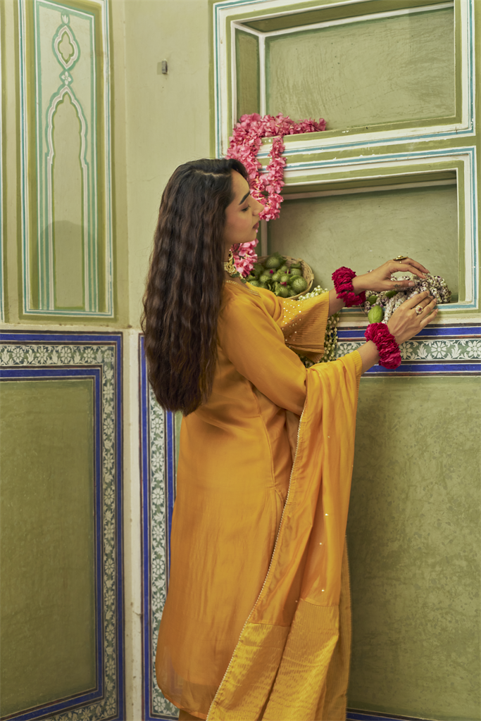 Mustard Embellished Pure Tabby Silk A-Line Kurta Set