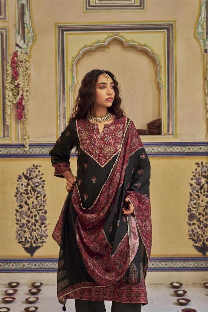 Black Embellished Russian Silk Pant Set