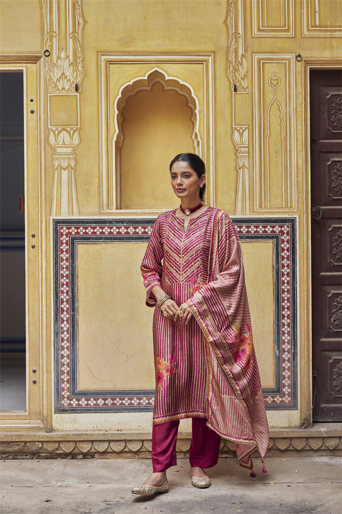 Pink Embellished Russian Silk Stripe Pant Set