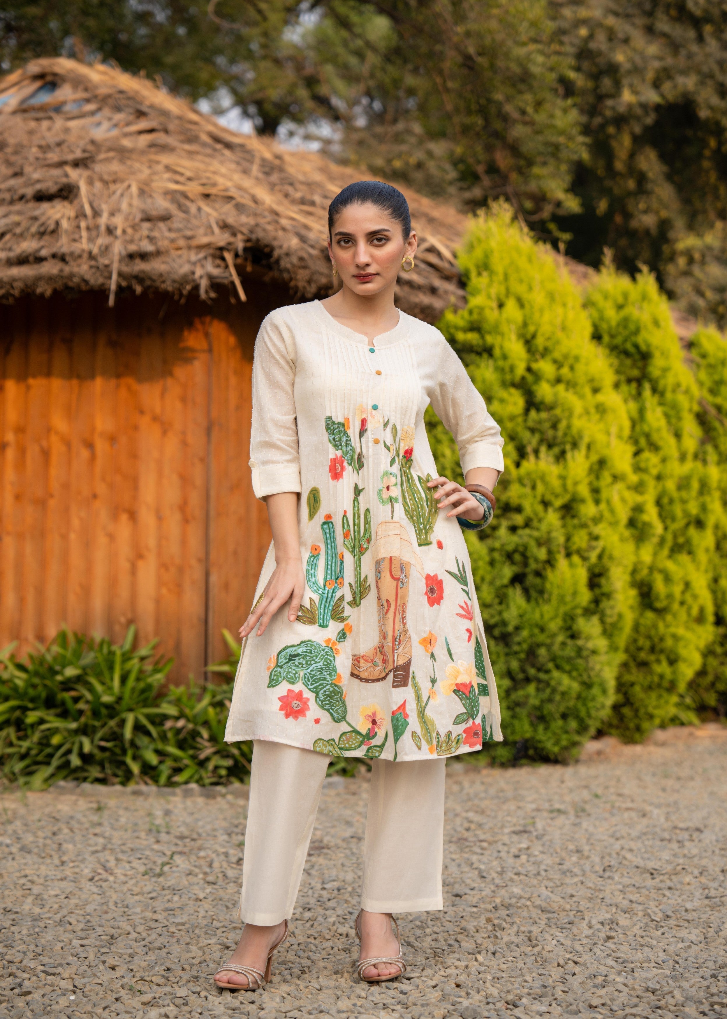 Off-White Western Printed Mul Cotton Kurta Set