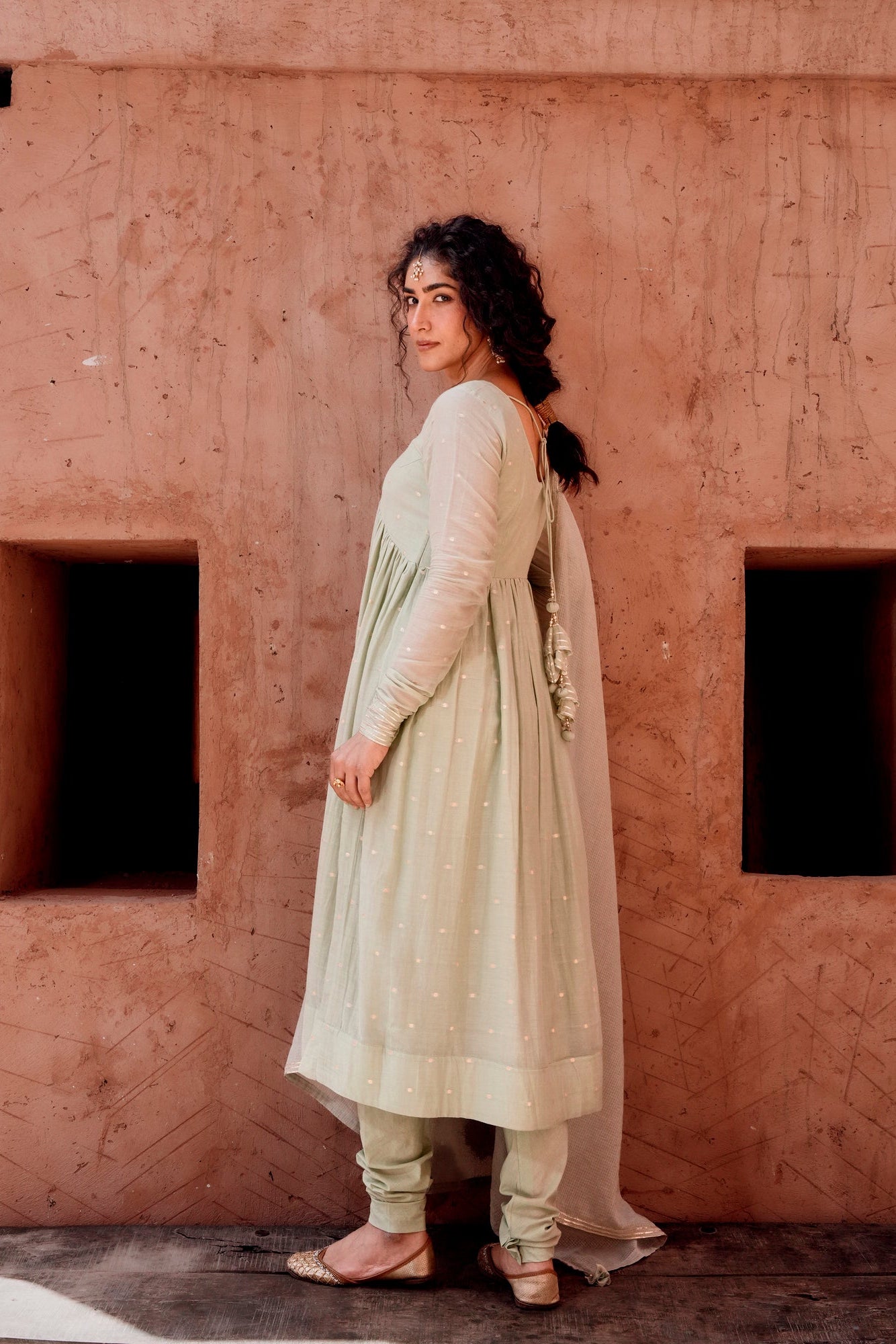 Pista Green Zari Dotted Mul-Cotton Anarkali Set