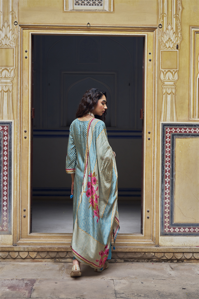 Blue Russian Embellished Silk Stripe Pant Set