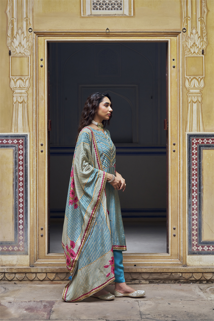 Blue Russian Embellished Silk Stripe Pant Set