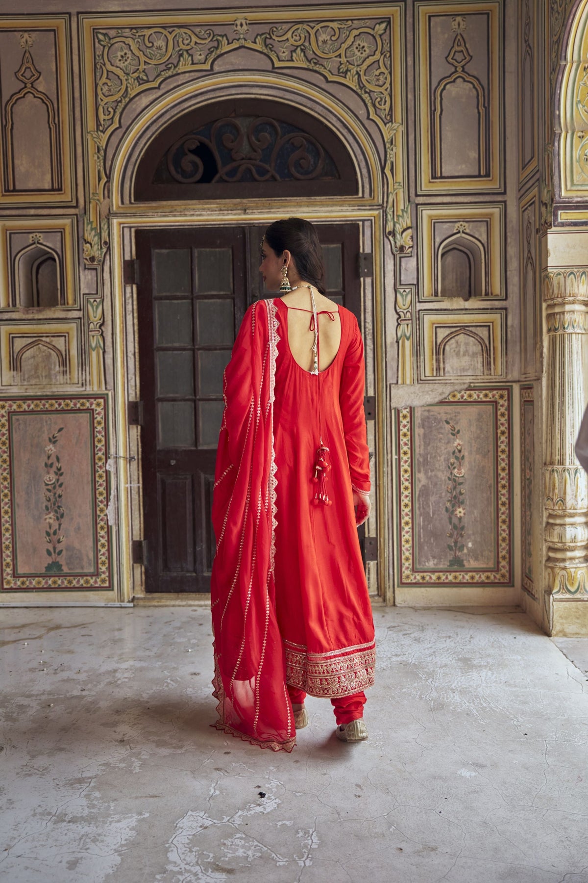 Scarlet Red Embellished Dola Silk Anarkali Set