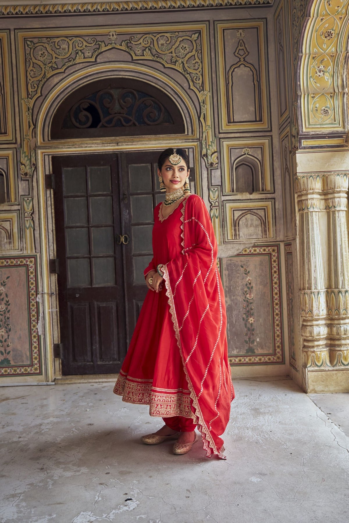 Scarlet Red Embellished Dola Silk Anarkali Set