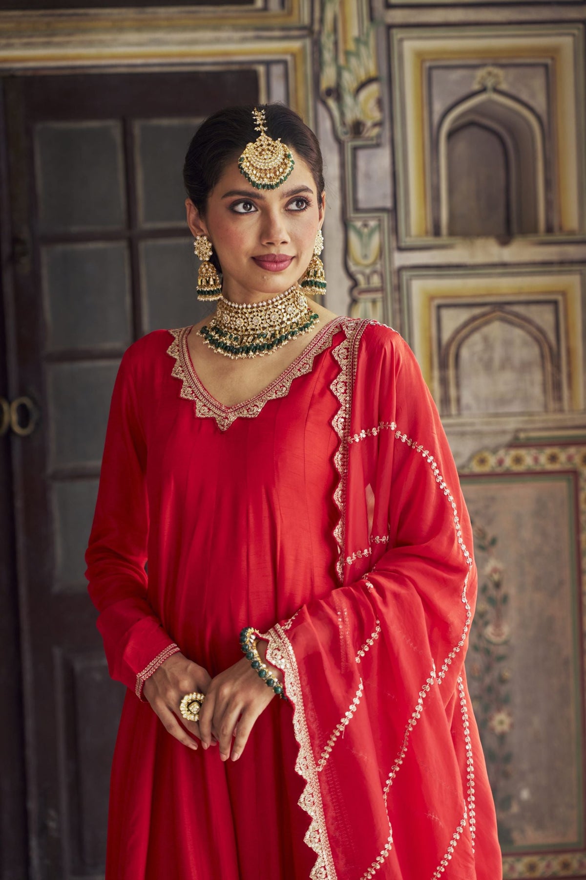 Scarlet Red Embellished Dola Silk Anarkali Set