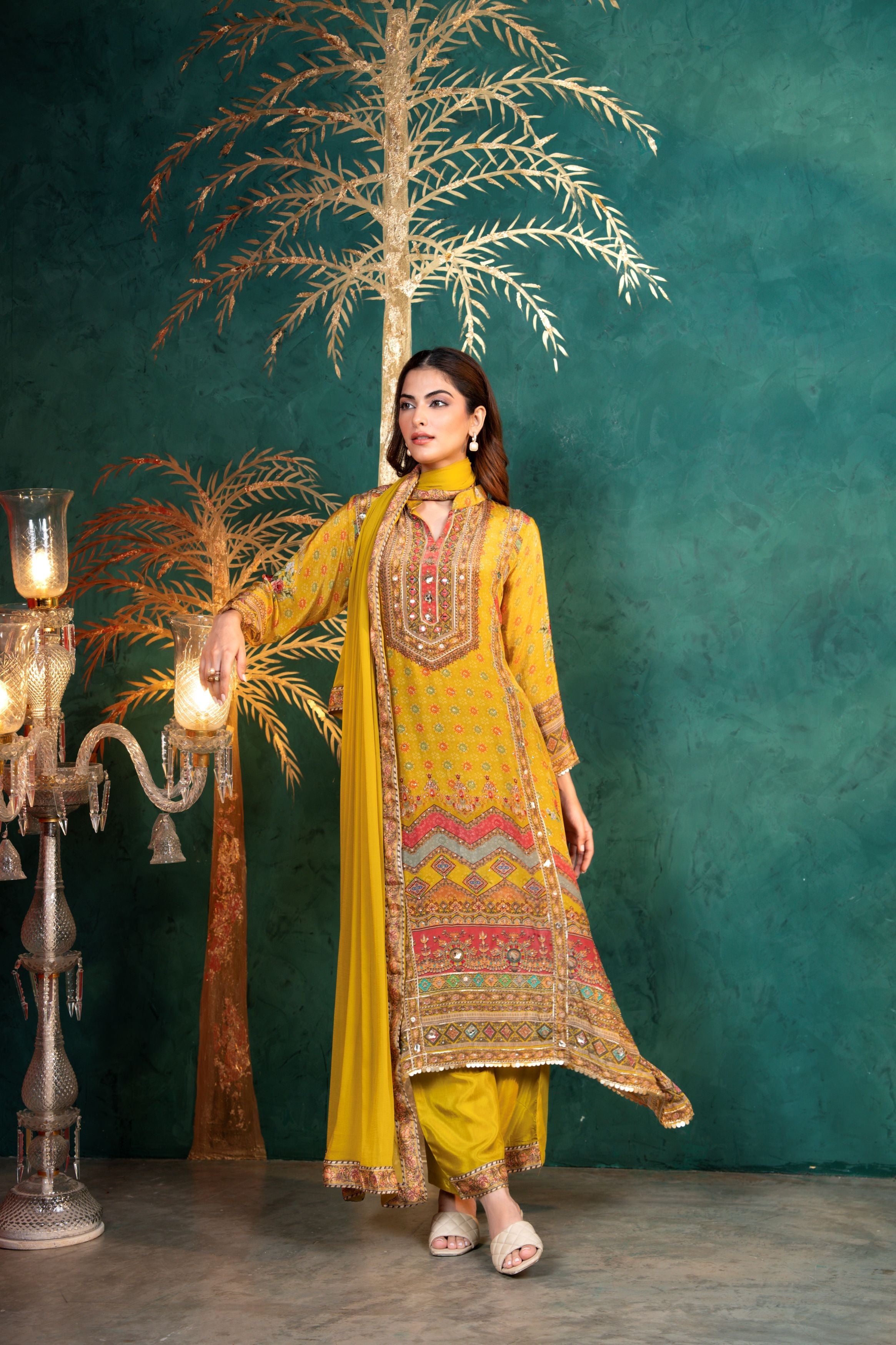 Lemon Yellow Printed Crepe Silk Pant Set
