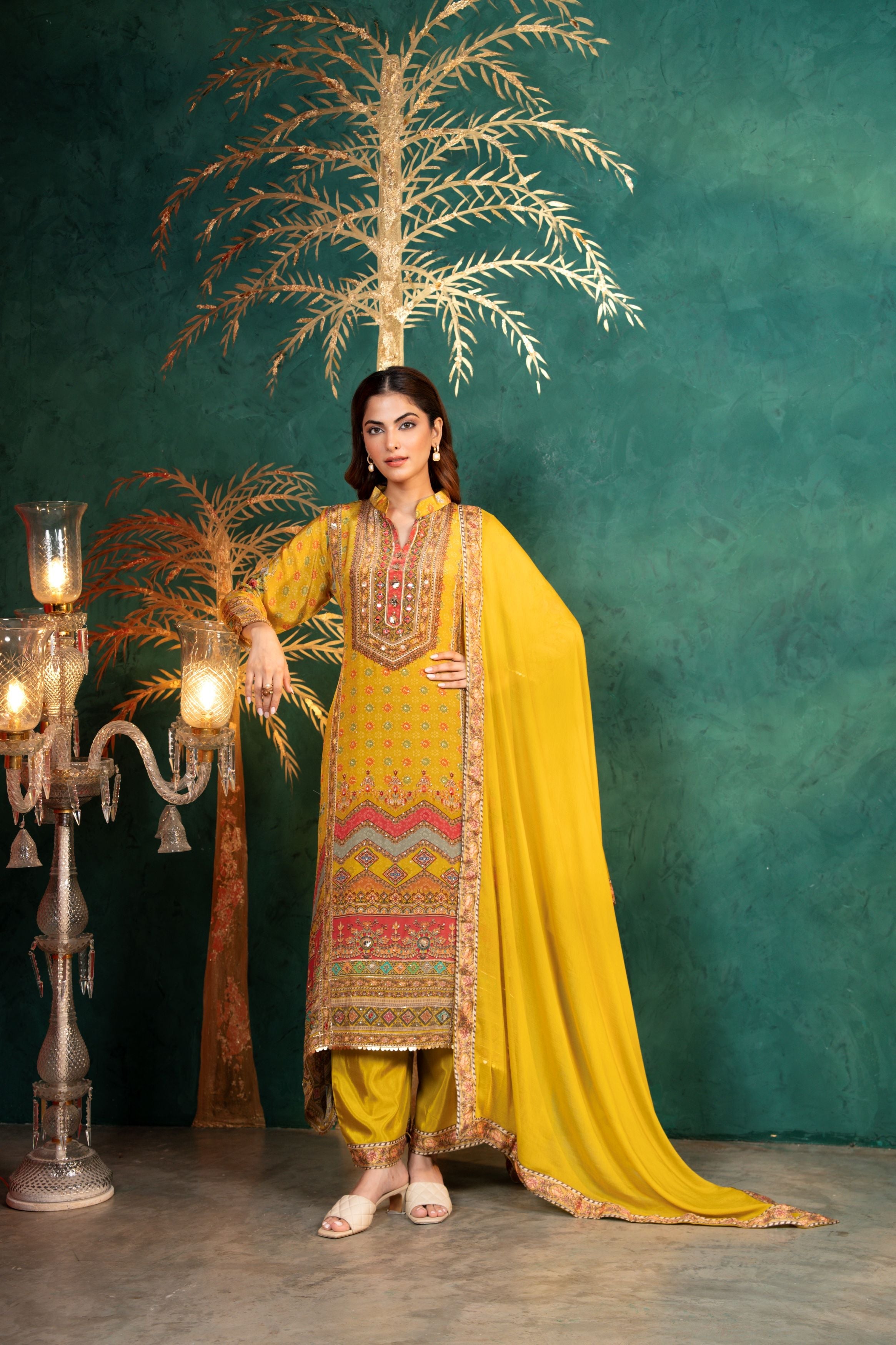 Lemon Yellow Printed Crepe Silk Pant Set