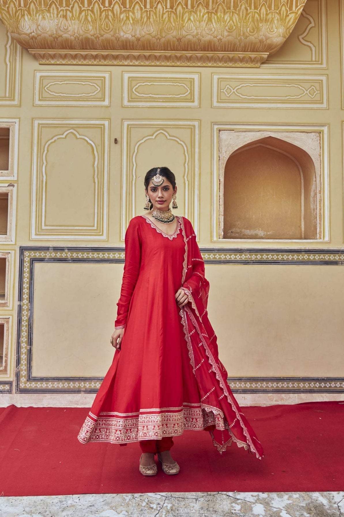 Scarlet Red Embellished Dola Silk Anarkali Set