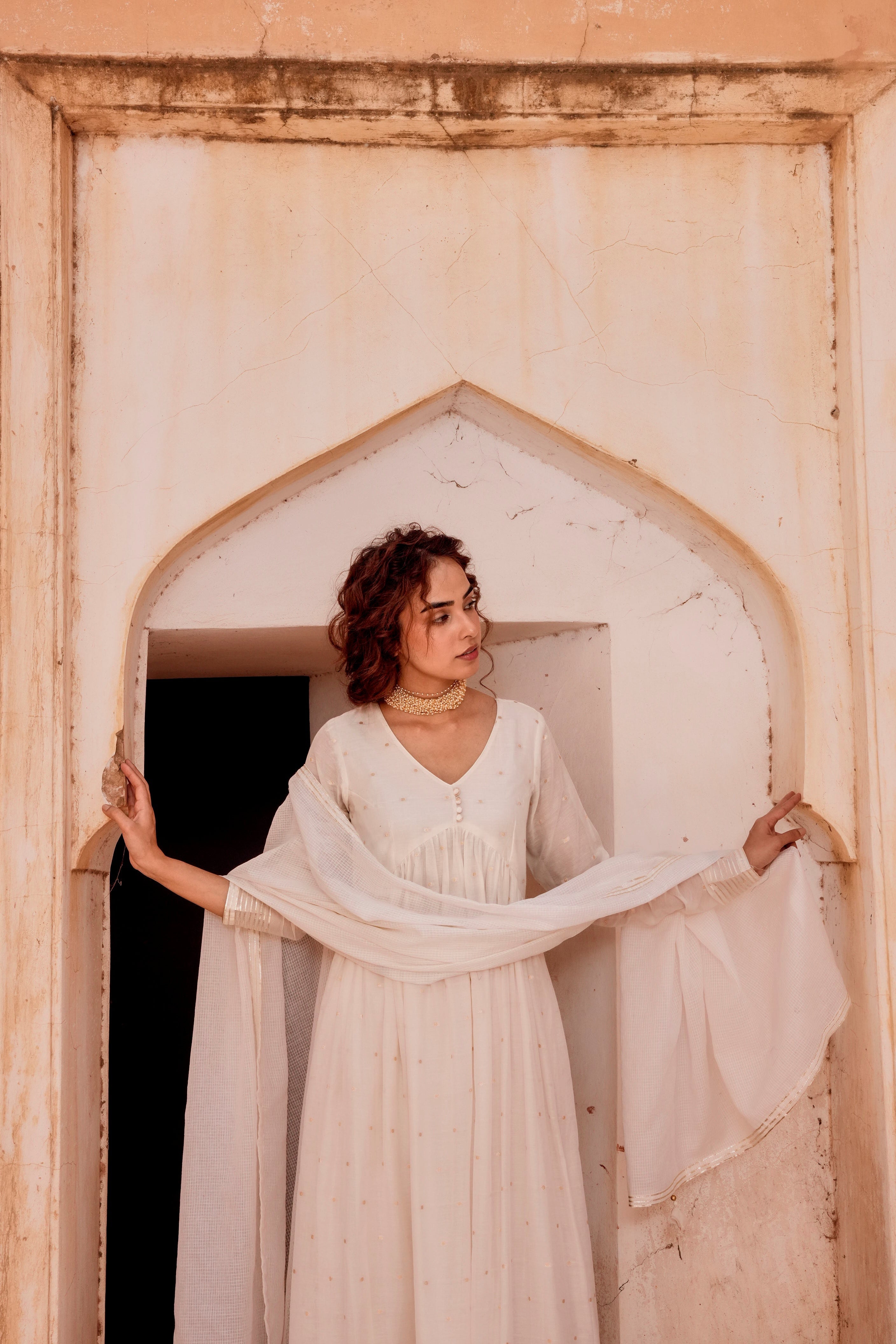 Off-White Zari Dotted Mul-Cotton Anarkali Set