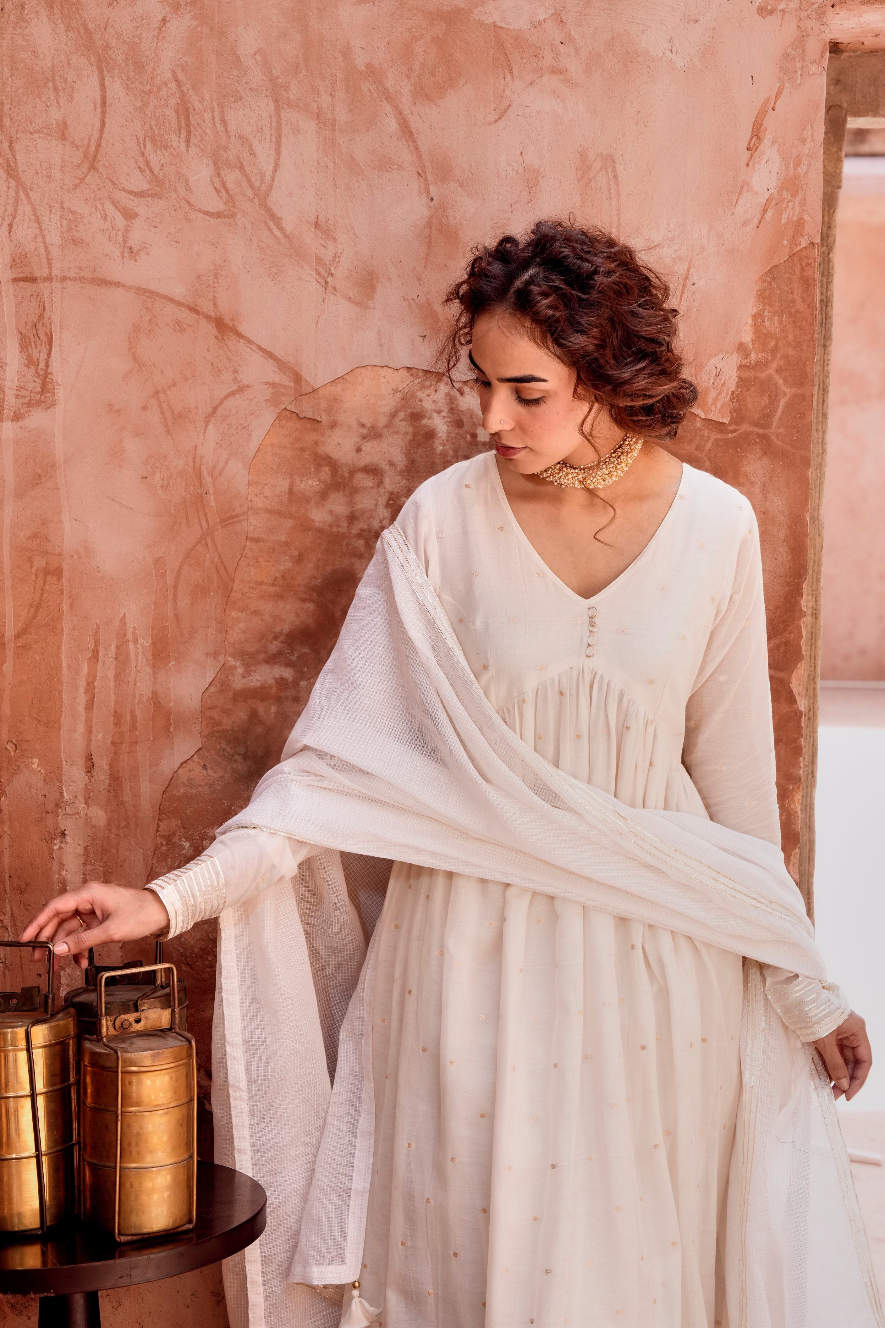 Off-White Zari Dotted Mul-Cotton Anarkali Set