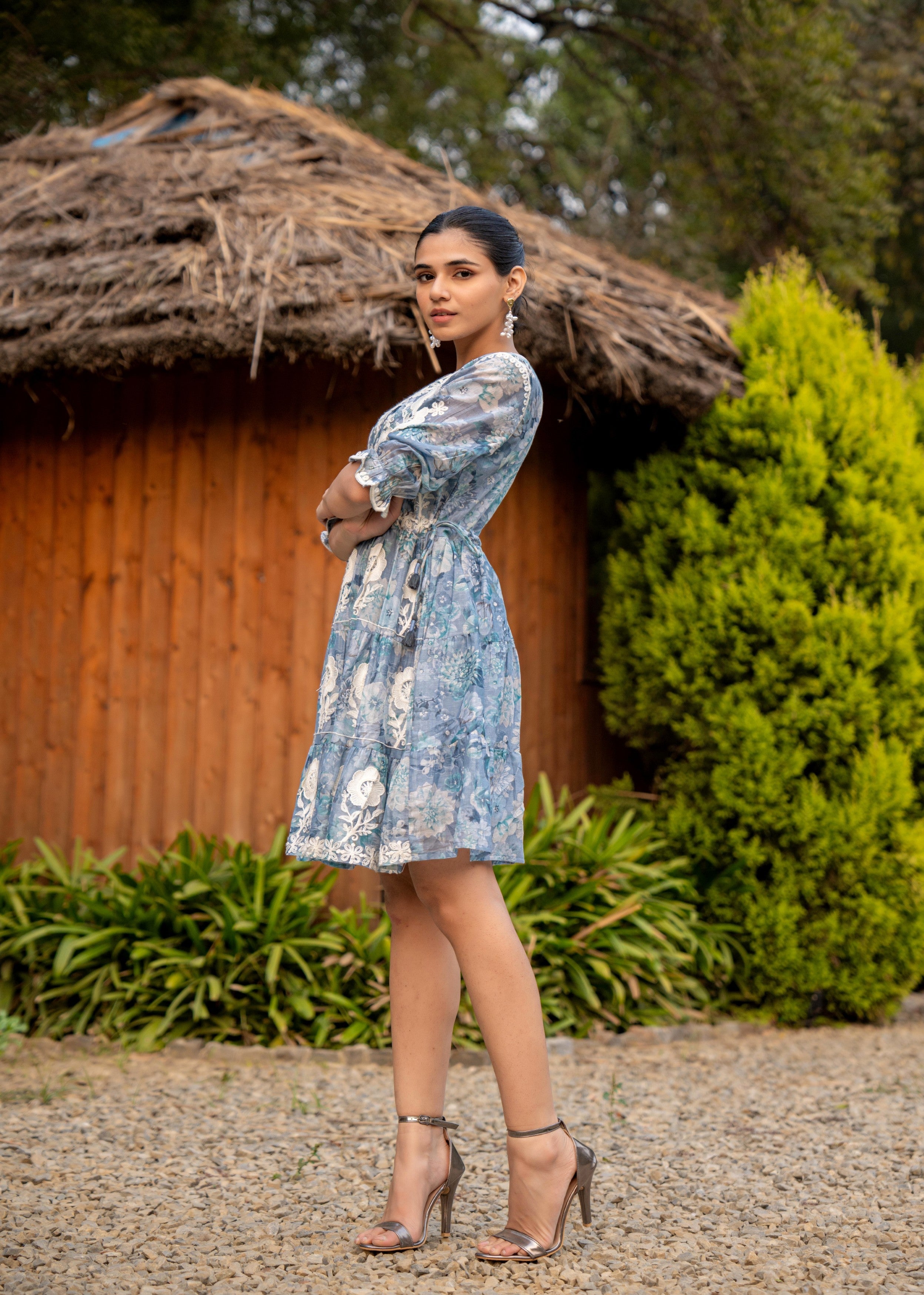 Dusty Blue Floral Embroidered Tiered Dress