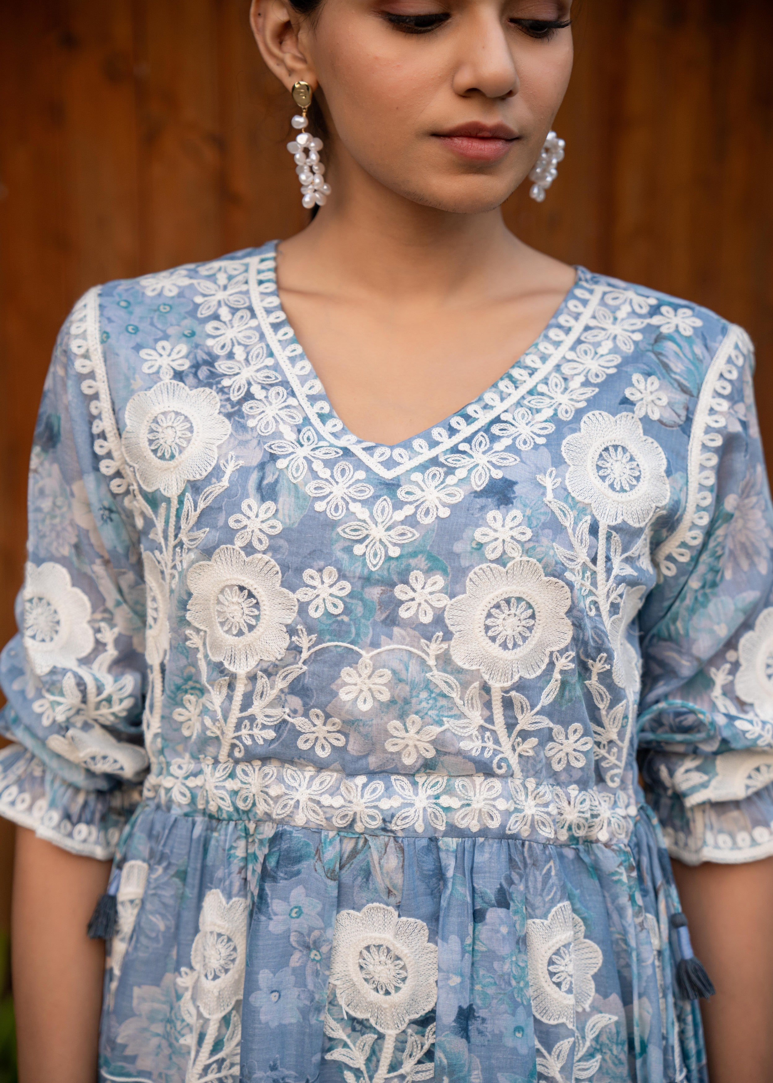 Dusty Blue Floral Embroidered Tiered Dress