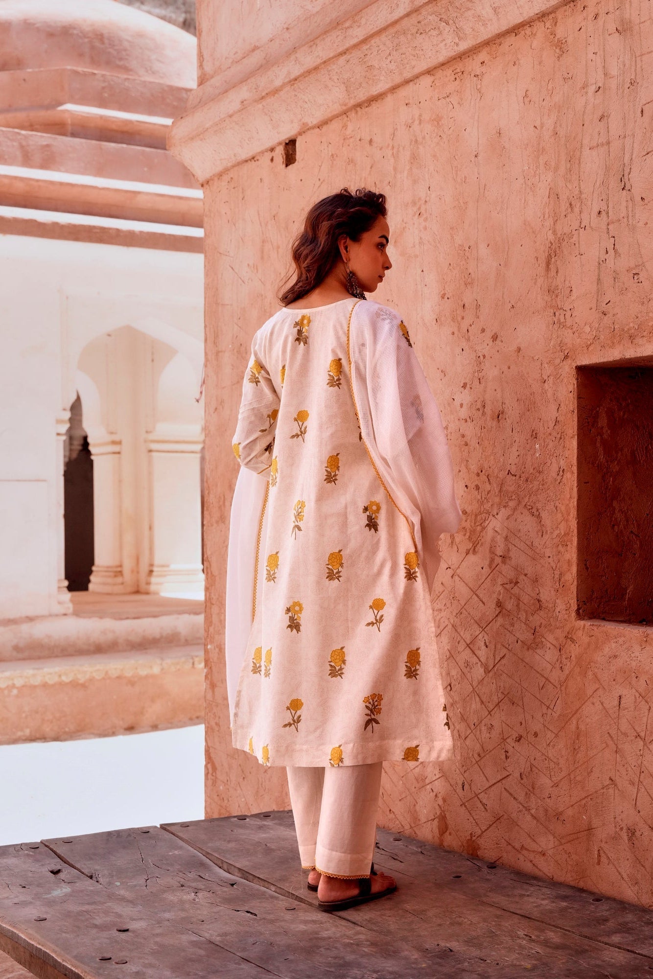 Marigold Blossom Off-White Printed Mul-Cotton Pant Set