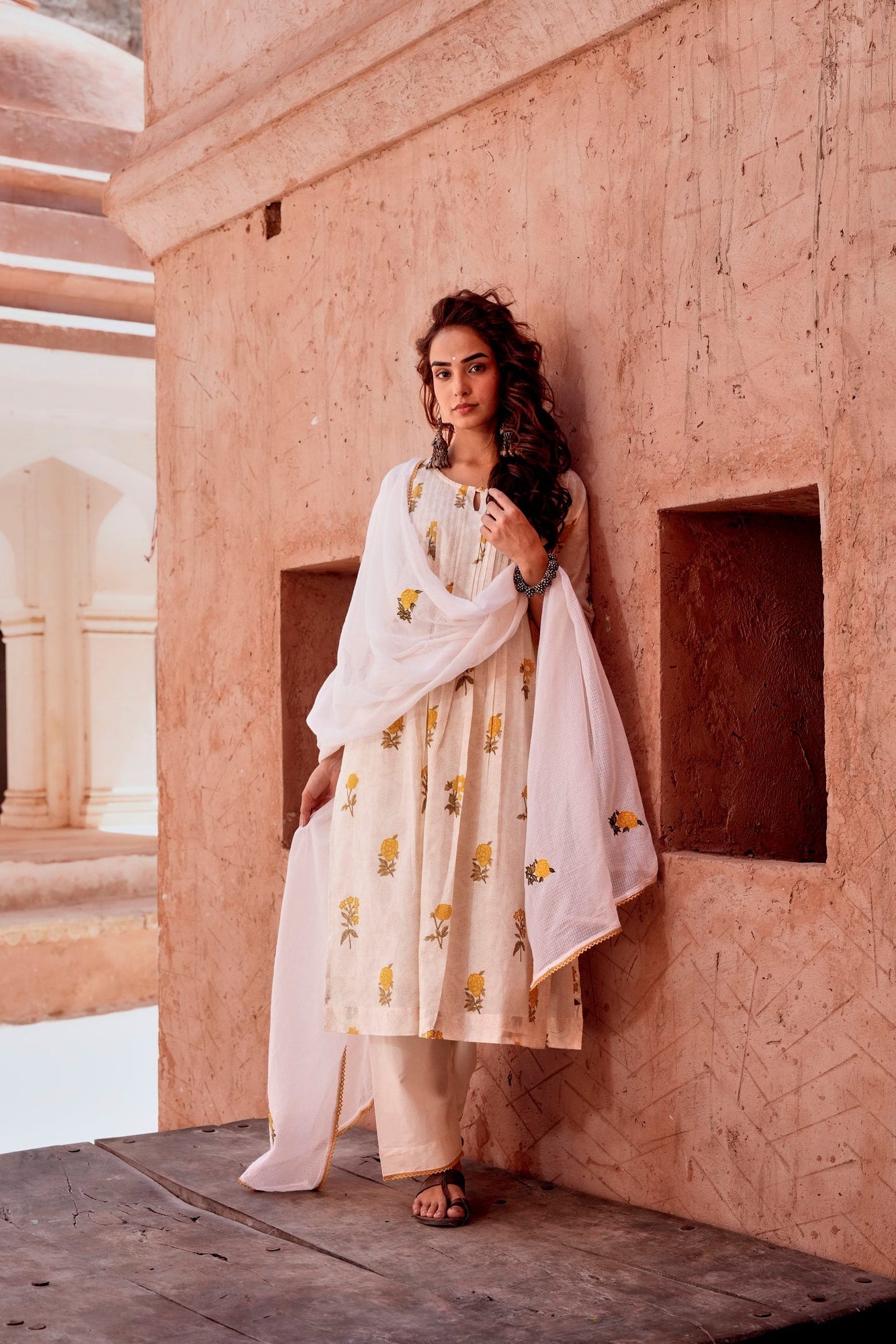 Marigold Blossom Off-White Printed Mul-Cotton Pant Set