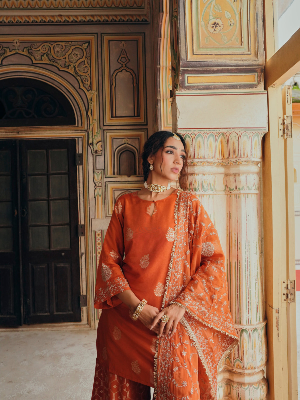 Rust Orange Embellished Pure Banarasi Sharara Set