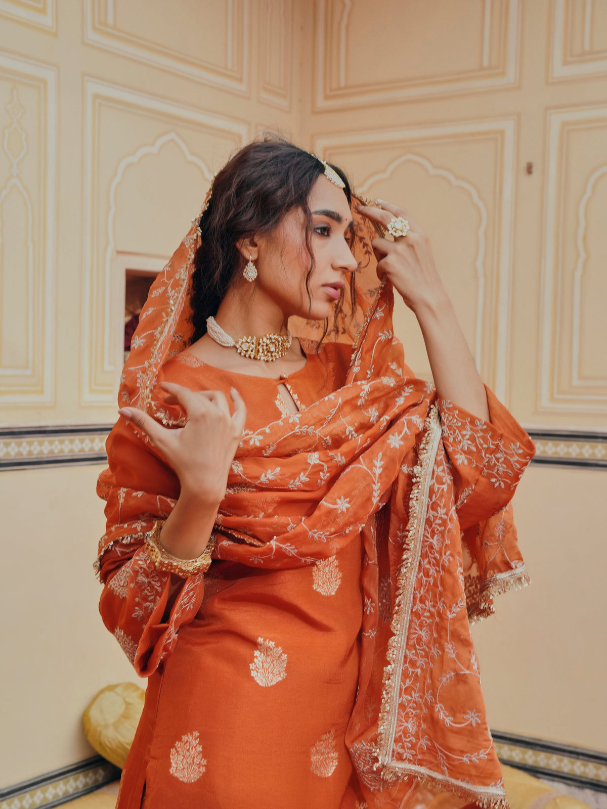 Rust Orange Embellished Pure Banarasi Sharara Set