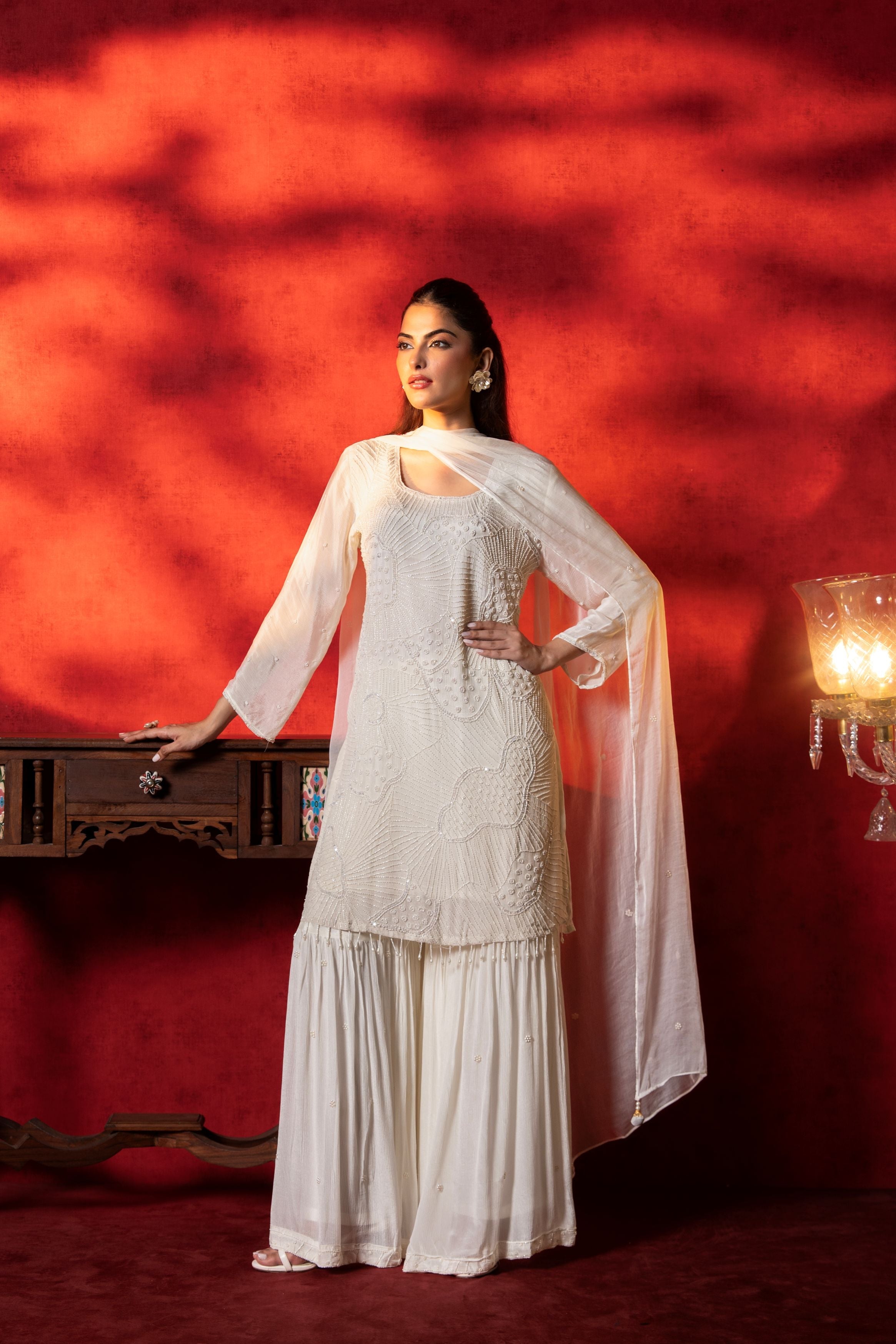Ivory Embellished Chinon Silk  Sharara Set