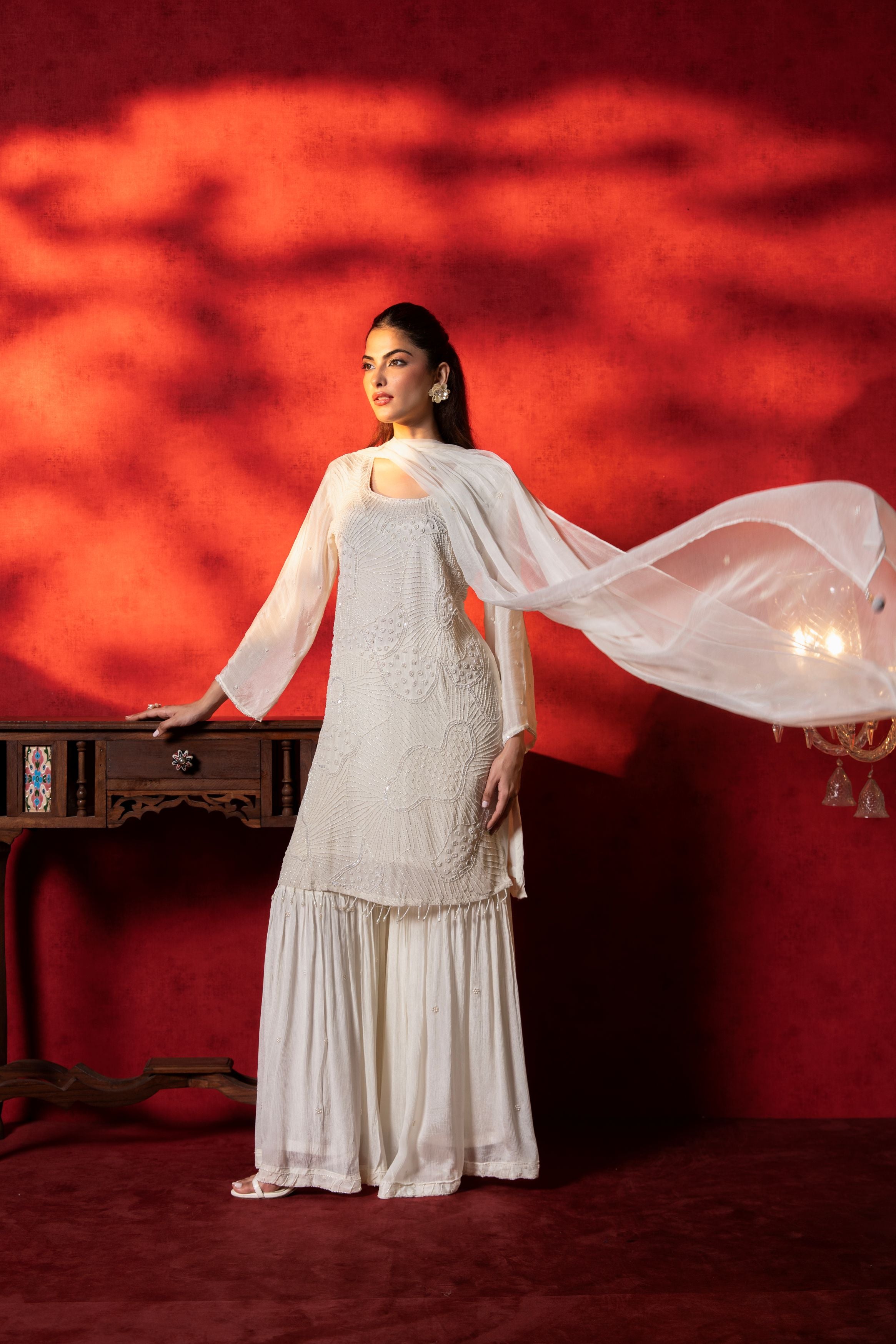 Ivory Embellished Chinon Silk  Sharara Set
