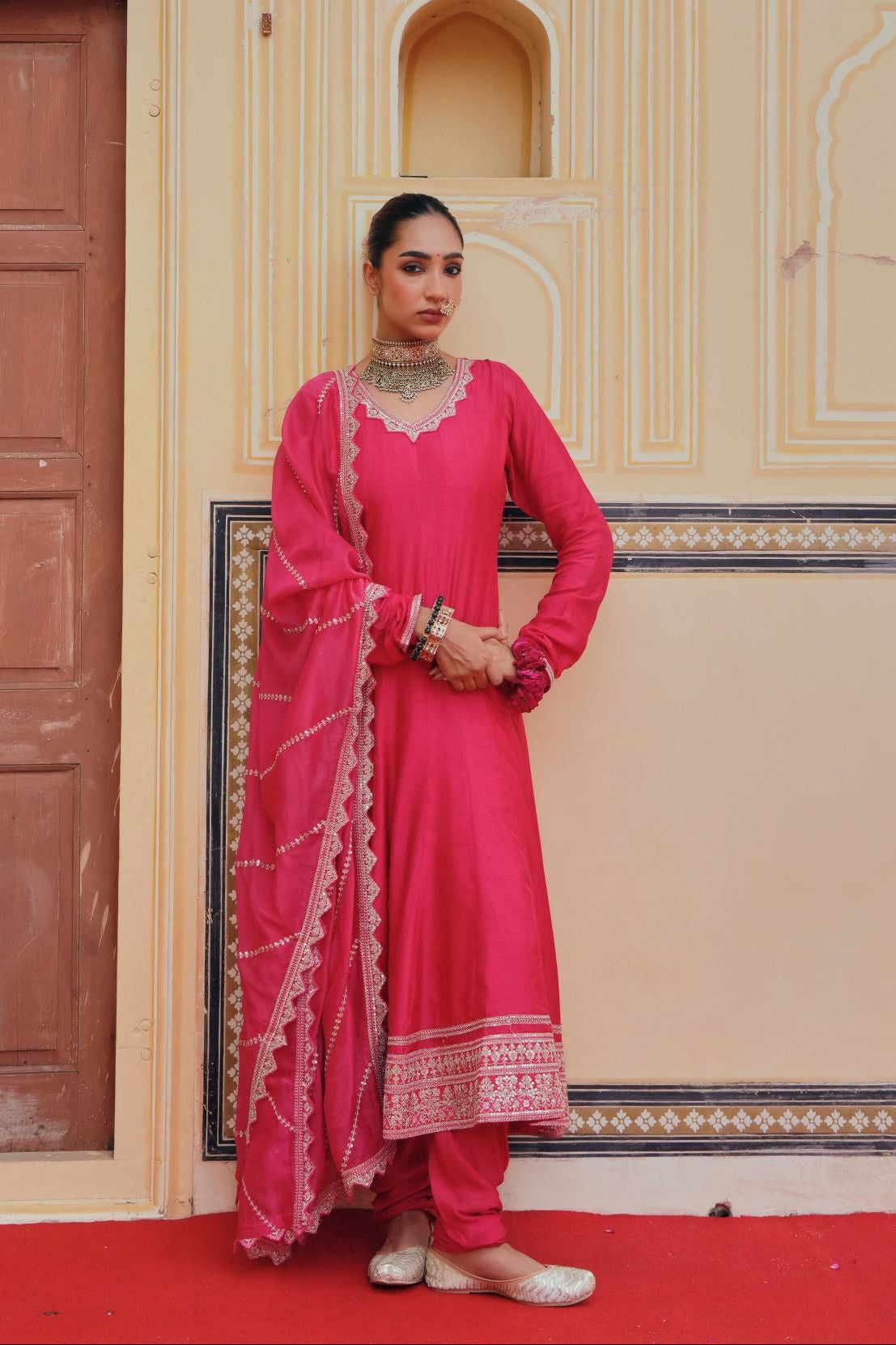 Rani Pink Embellished Dola Silk Anarkali Set